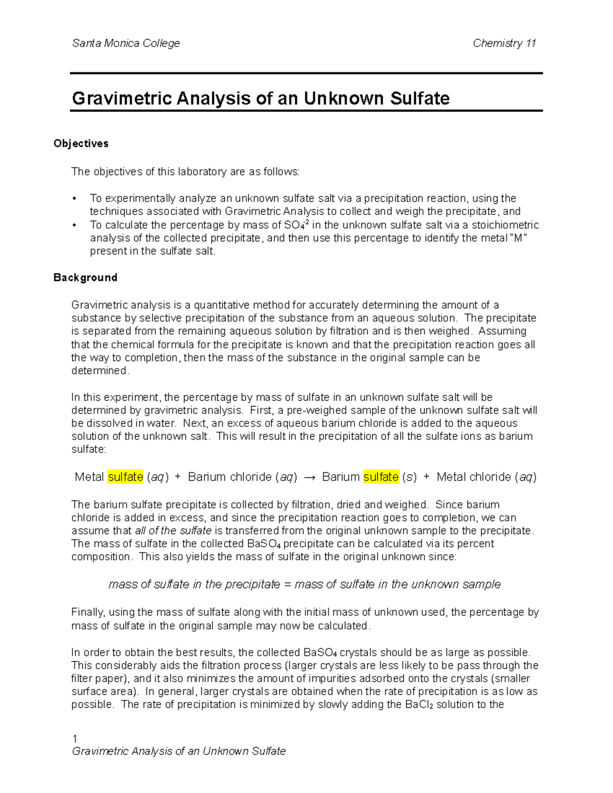 27 Gravimetric Procedure - Gravimetric Analysis of an Unknown Sulfate ...