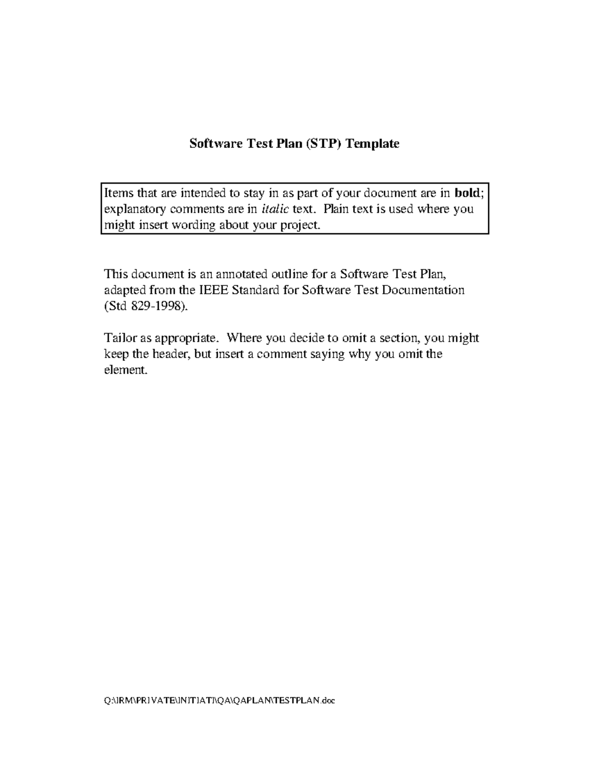 Software Test Plan Template Q IRM PRIVATE INITIATI QA QAPLAN