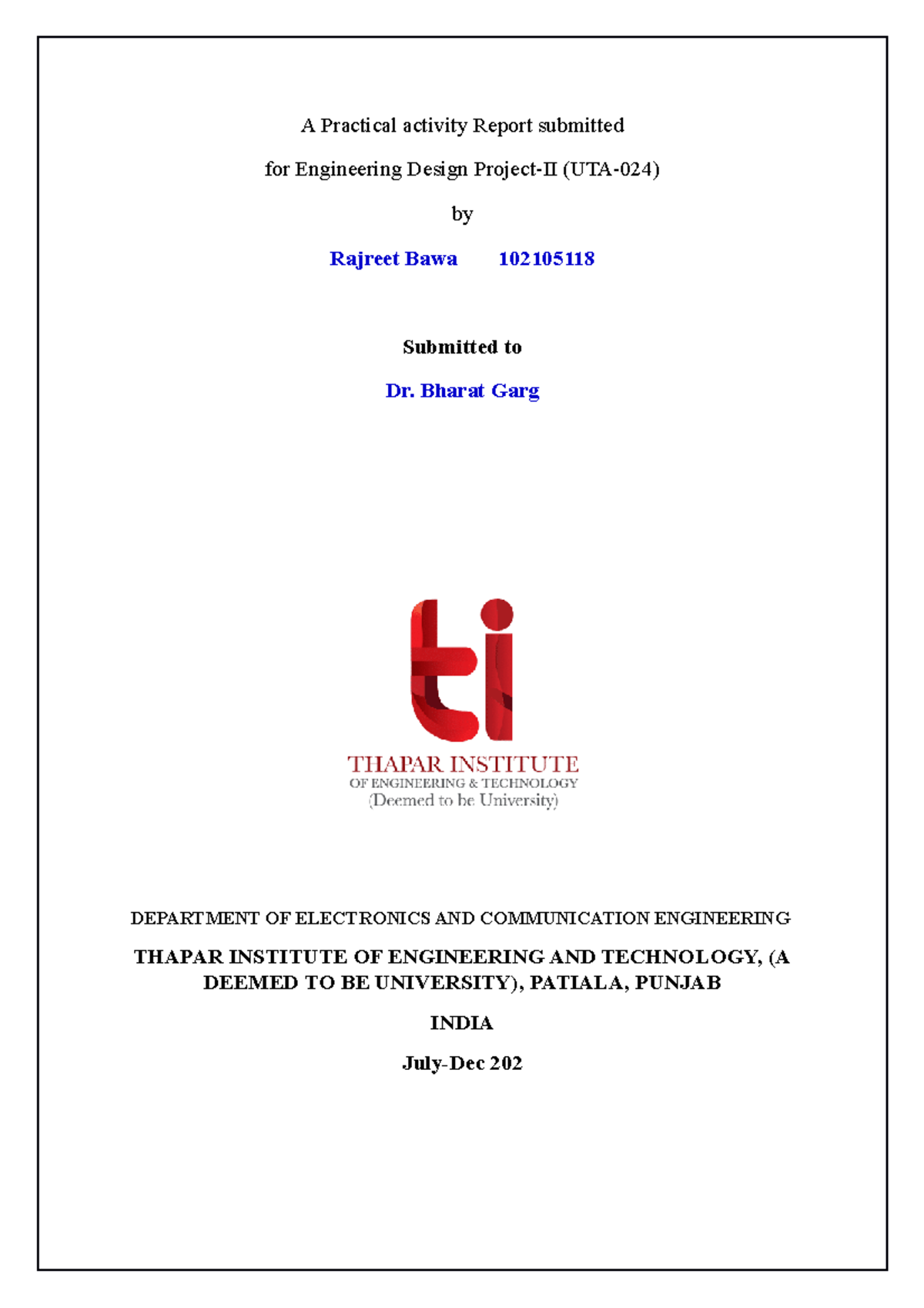 EXP-1(ECED) - exp-1 - A Practical activity Report submitted for ...