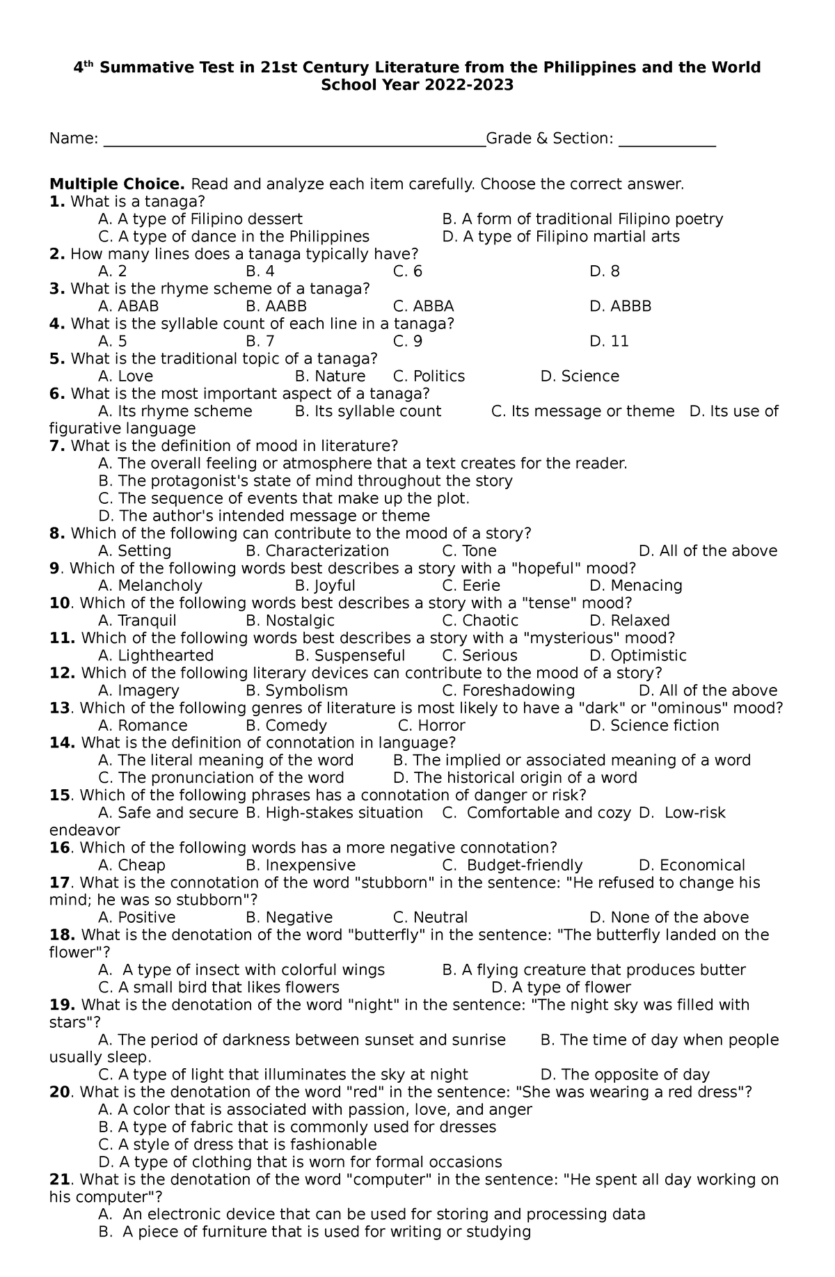 Summative Examination In St Th Summative Test In St Century Literature From The