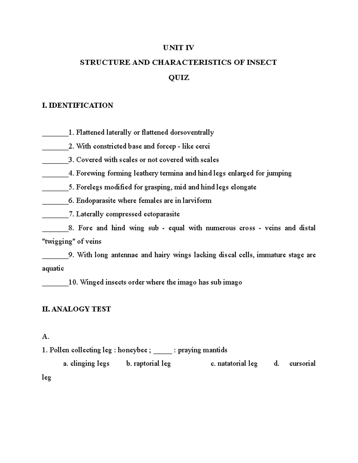Practice QUIZ Structures AND Characteristics OF Insects ( Entom 11 ...