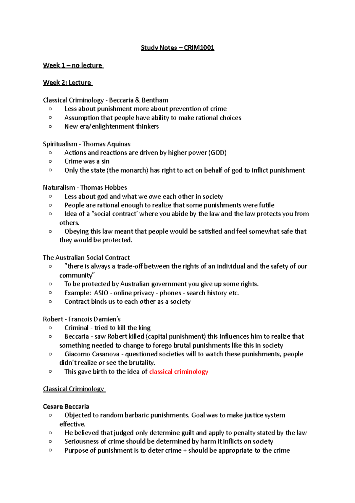 CRIM1001 - Weeks 1-9 - Study Notes – CRIM Week 1 – no lecture Week 2 ...