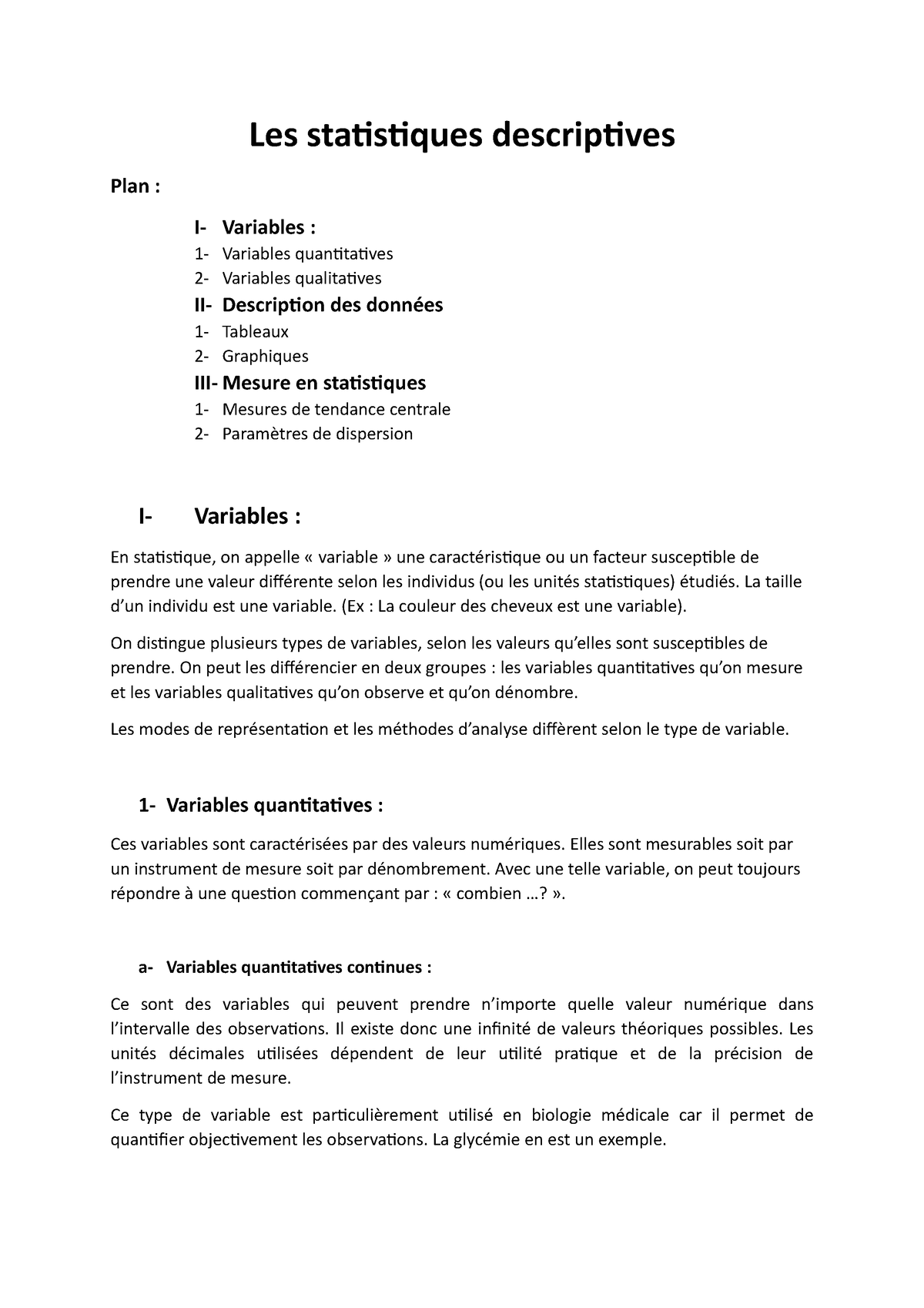 1-Statistiques Descriptives - Les Statistiques Descriptives Plan : I ...