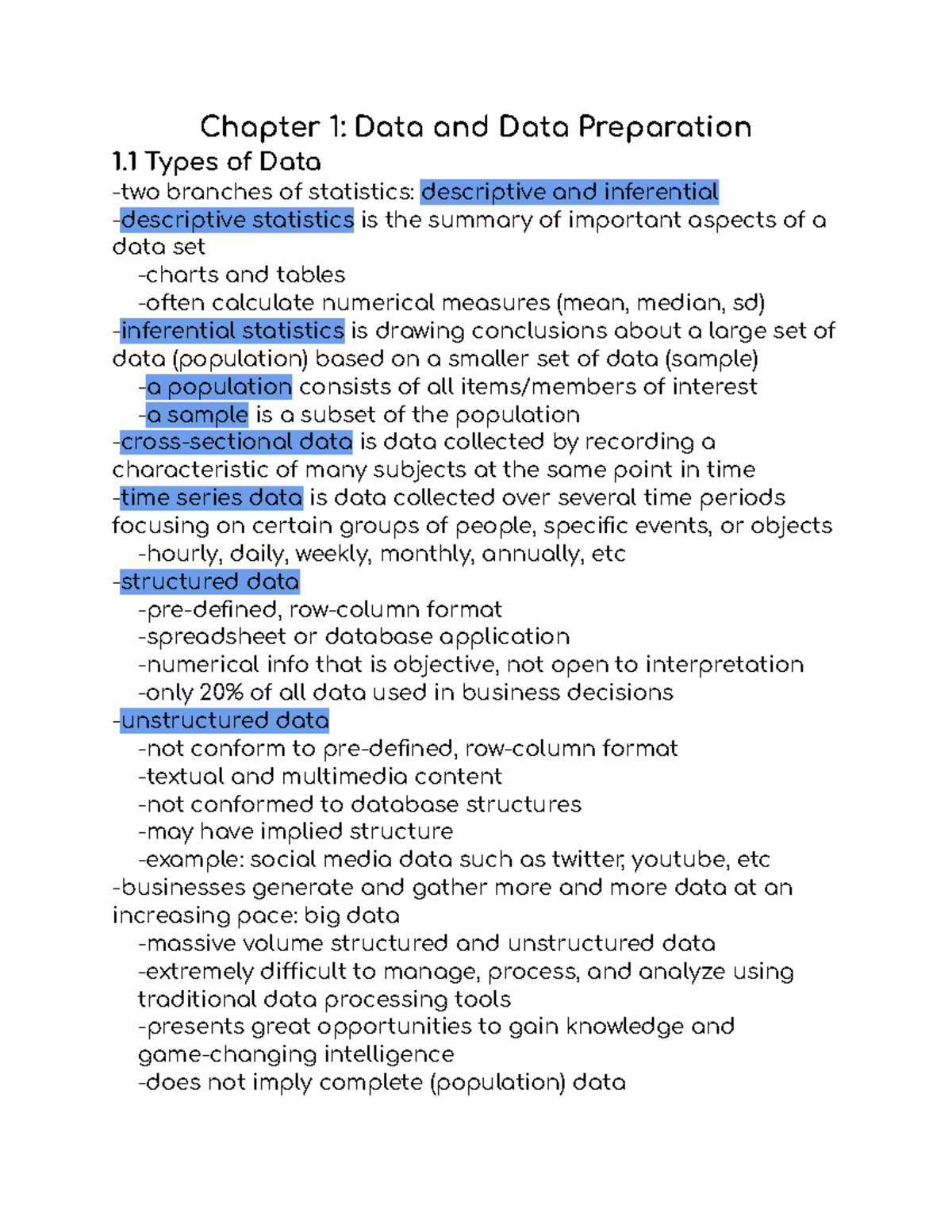 BUAD 231 Chapter 1 Notes - Chapter 1: Data and Data Preparation 1 Types ...