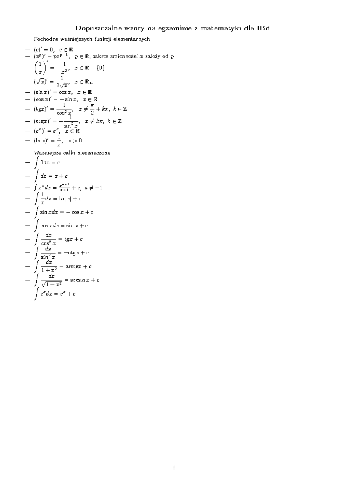 Sciaga - Dopuszczalne wzory na egzaminie z matematyki dla IBd Pochodne ...