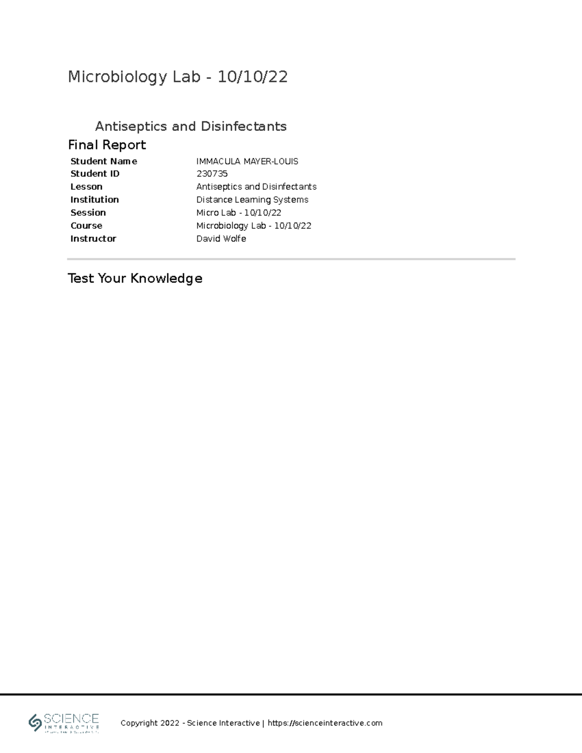 Microbiology Lab 101022 Antisepticsand Disinfectants 2307351 Student