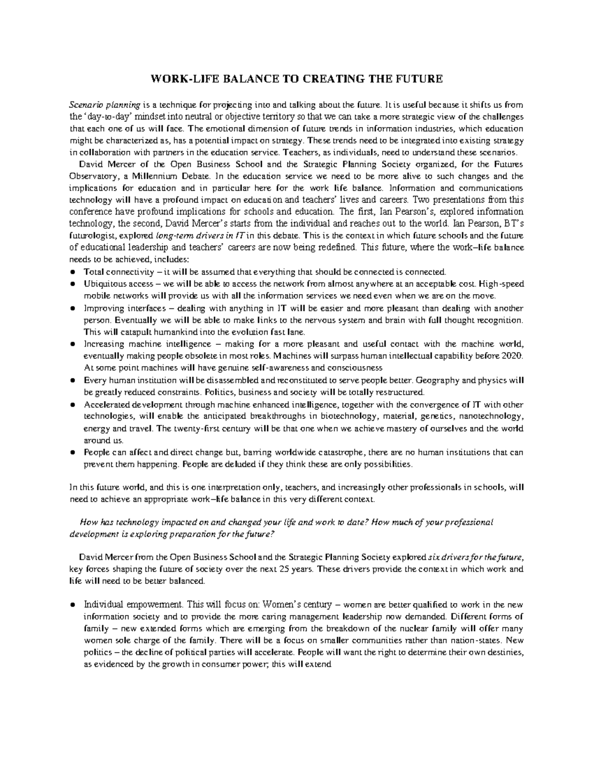 WORK-LIFE Balance TO Creating THE Future - WORK-LIFE BALANCE TO ...