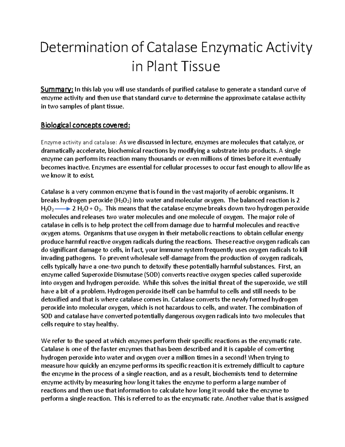 Catalase Activity Lab - Determination of Catalase Enzymatic Activity in ...