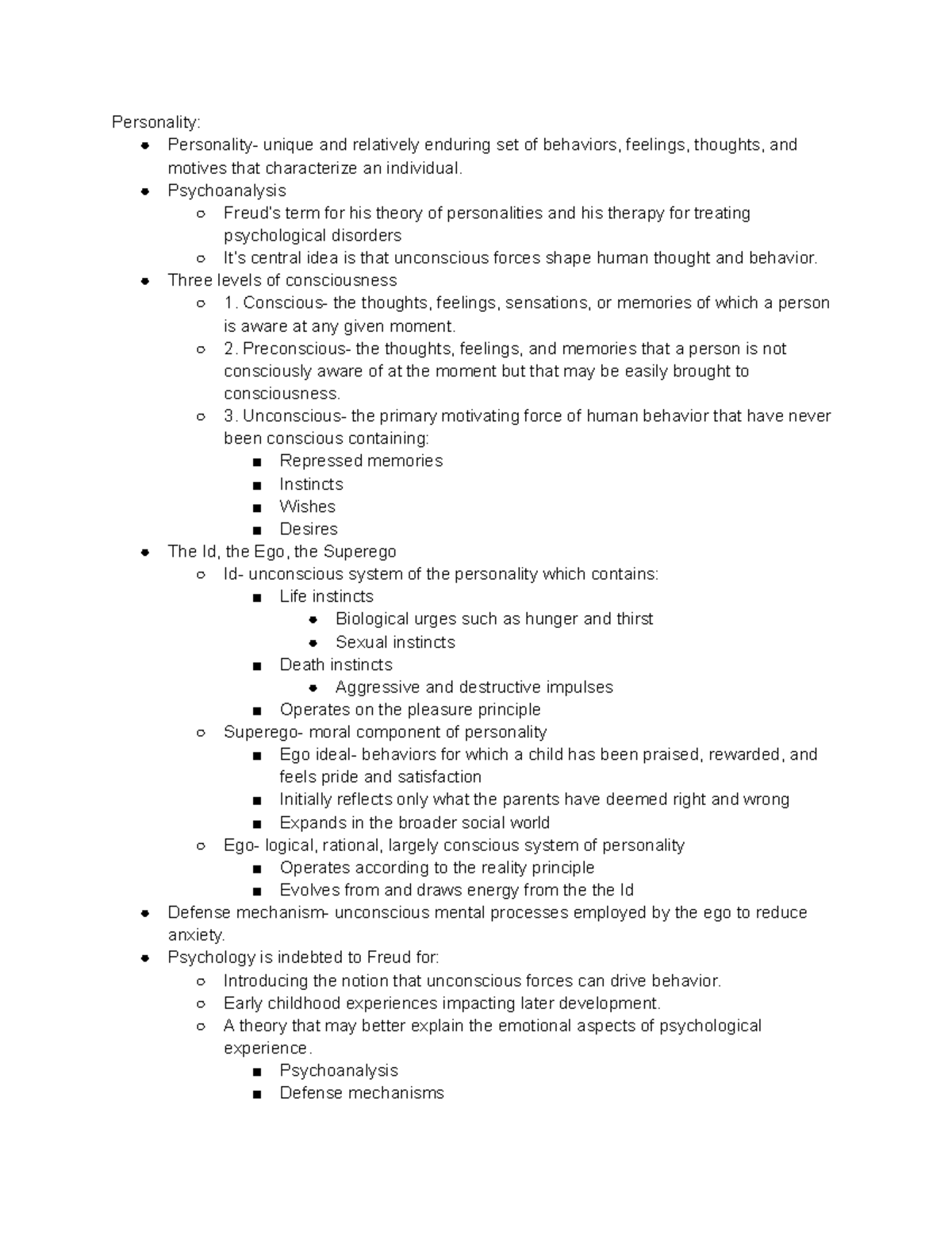 Chapter 12 Psychology Notes - Personality: Personality- Unique And 