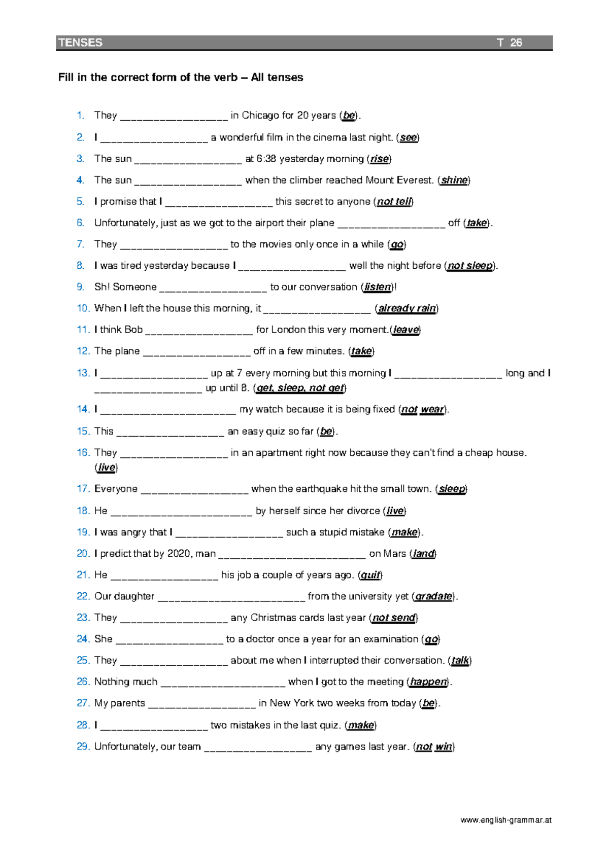 T26 - Mixed Tenses Worksheets - TENSES T 26 english-grammar Fill in the ...