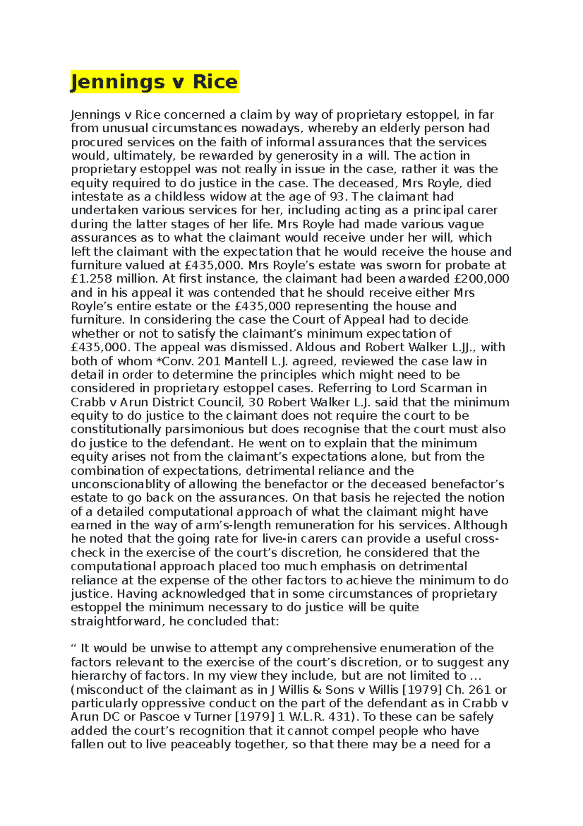 Jennings v Rice - HELPFUL NOTES. - Jennings v Rice Jennings v Rice ...