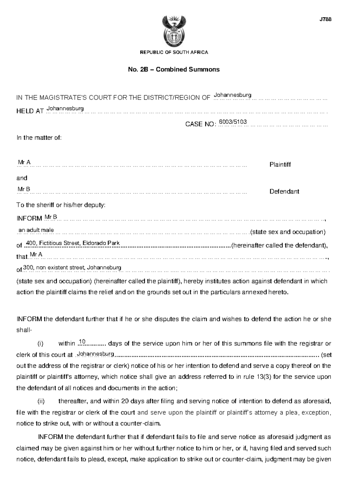 1 Summons with annexure a - J REPUBLIC OF SOUTH AFRICA No. 2B ...