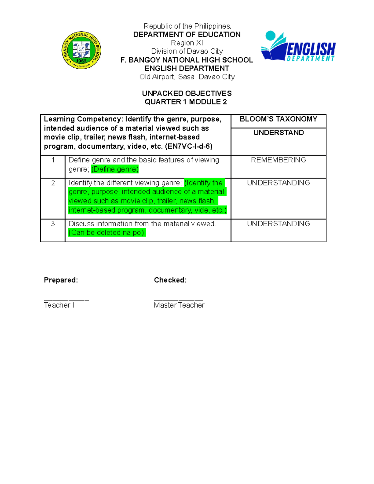 MIL - Unpacked- Objectives - Republic of the Philippines DEPARTMENT OF ...
