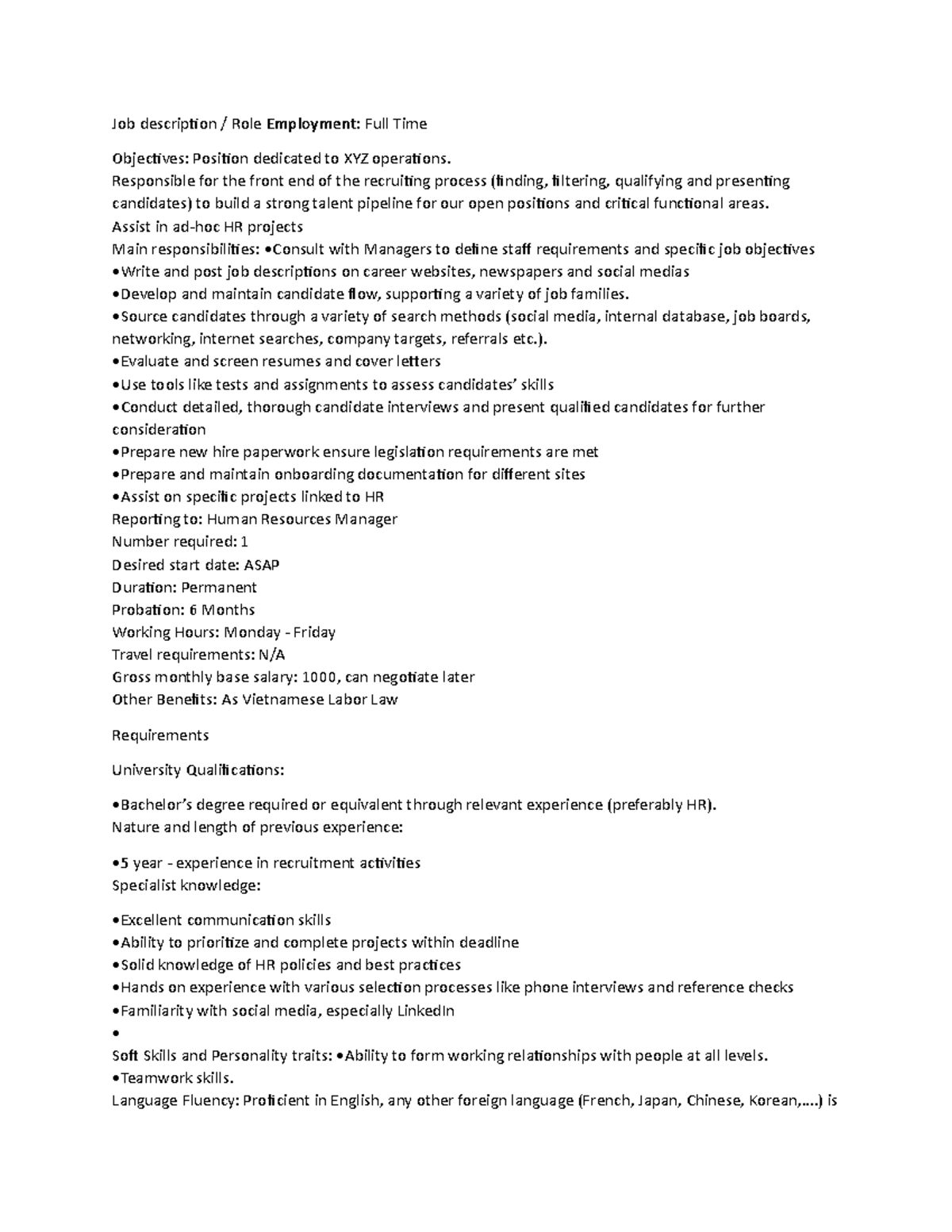 HR specialist Job Des & Spec Job description / Role Employment Full