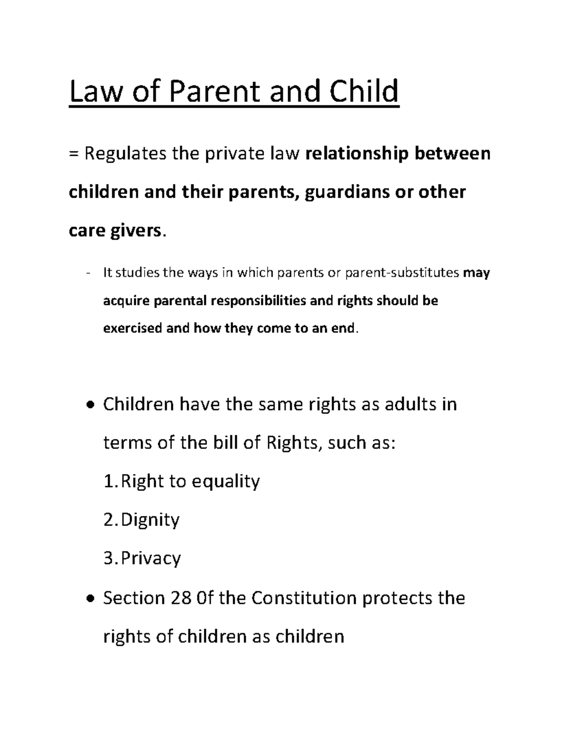 Week 12 last resort Week 5 Law of Parent and Child = Regulates the
