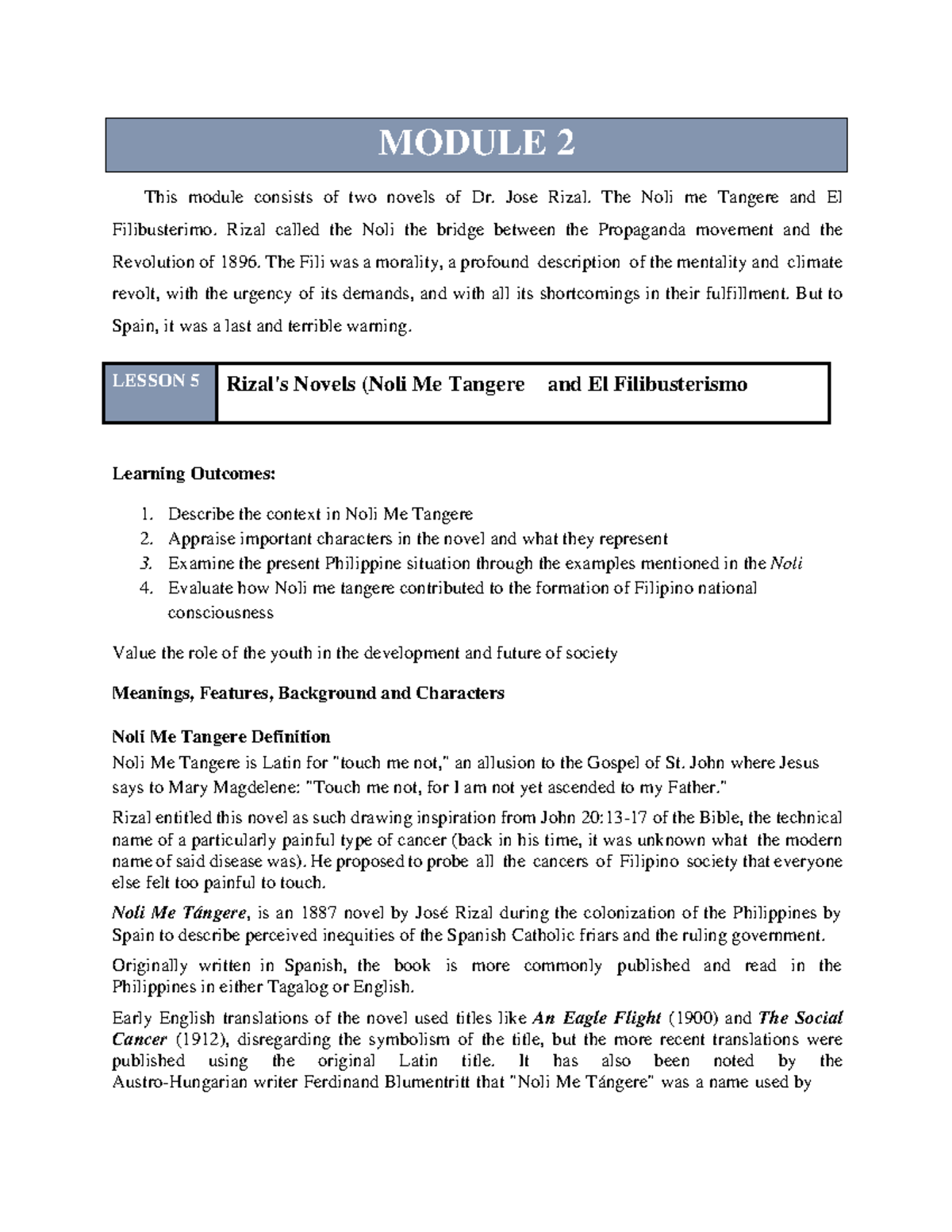 Module 2 - RIZAL - This module consists of two novels of Dr. Jose Rizal ...