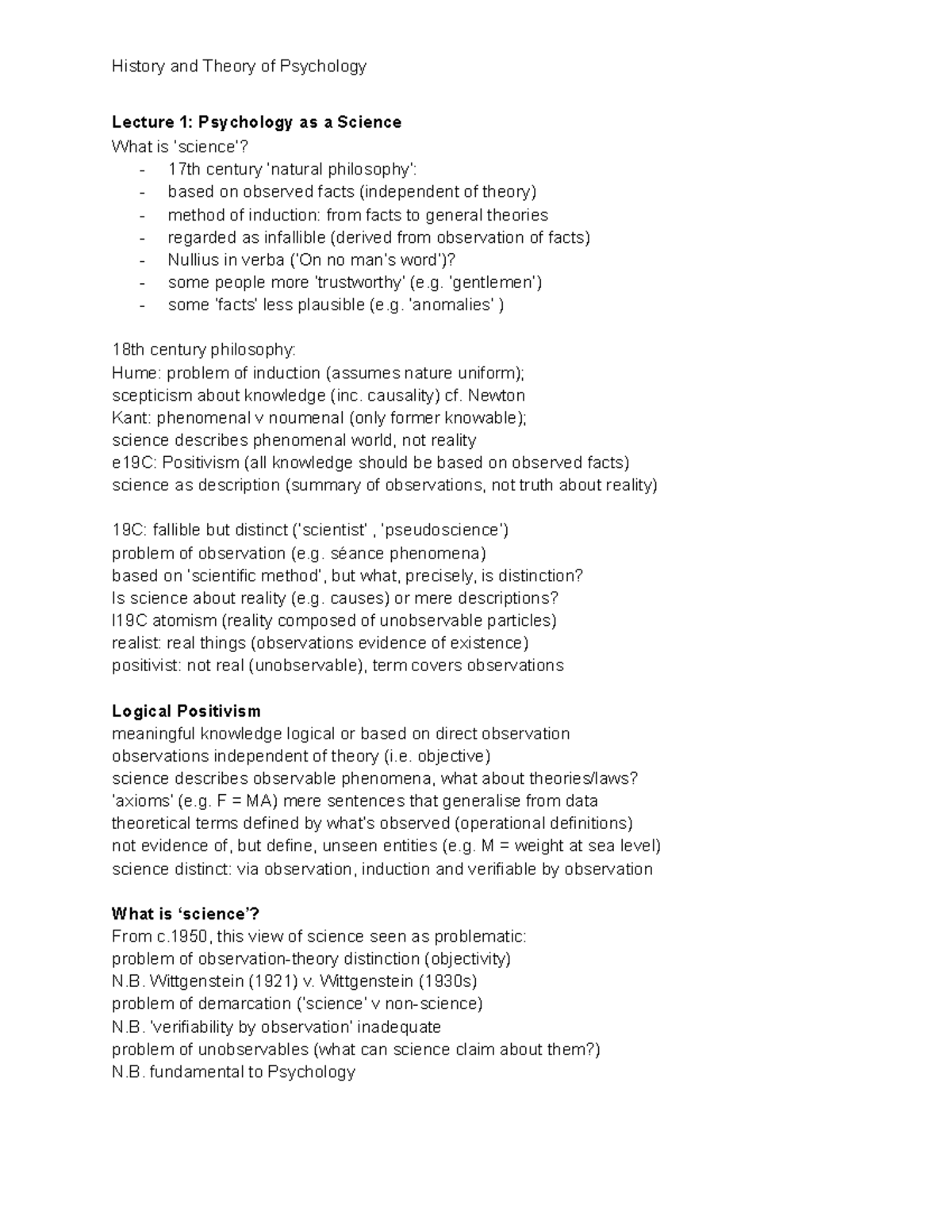 History and Theory of Psychology Lecture notes - Lecture 1: Psychology ...