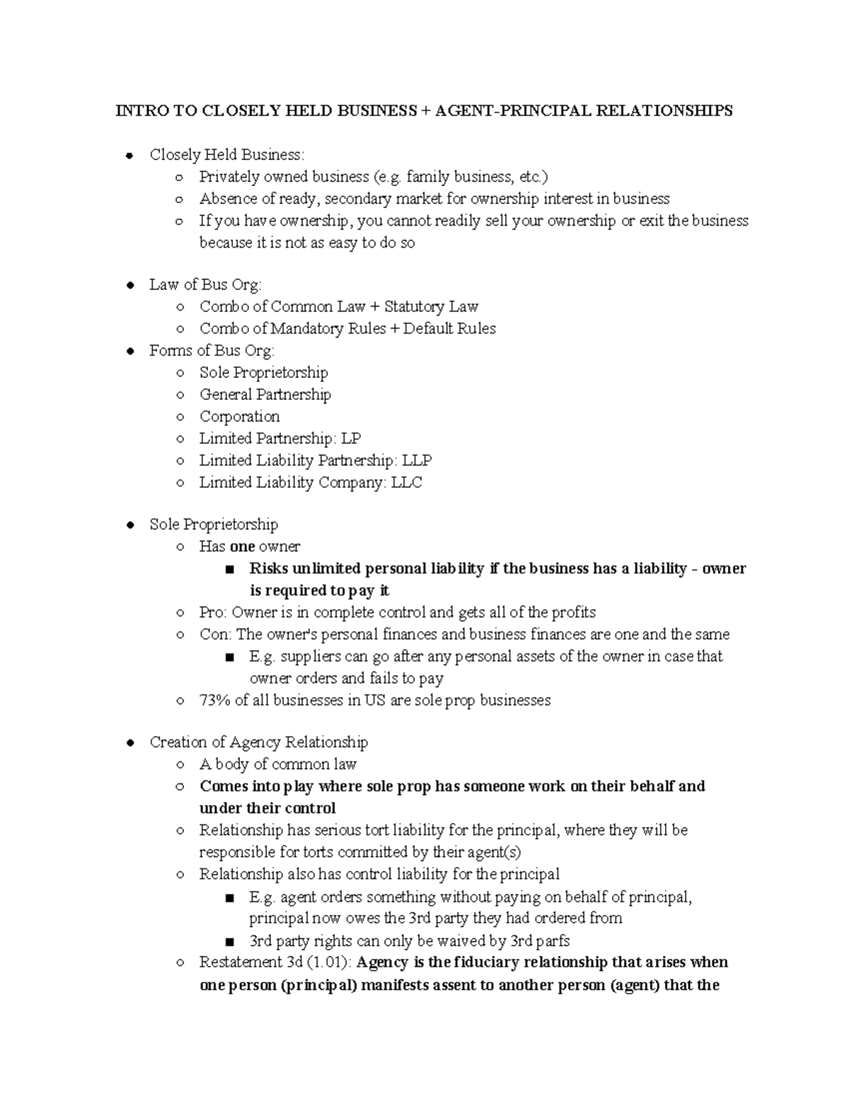 Bus Orgs Outline- Miller outline - INTRO TO CLOSELY HELD BUSINESS ...