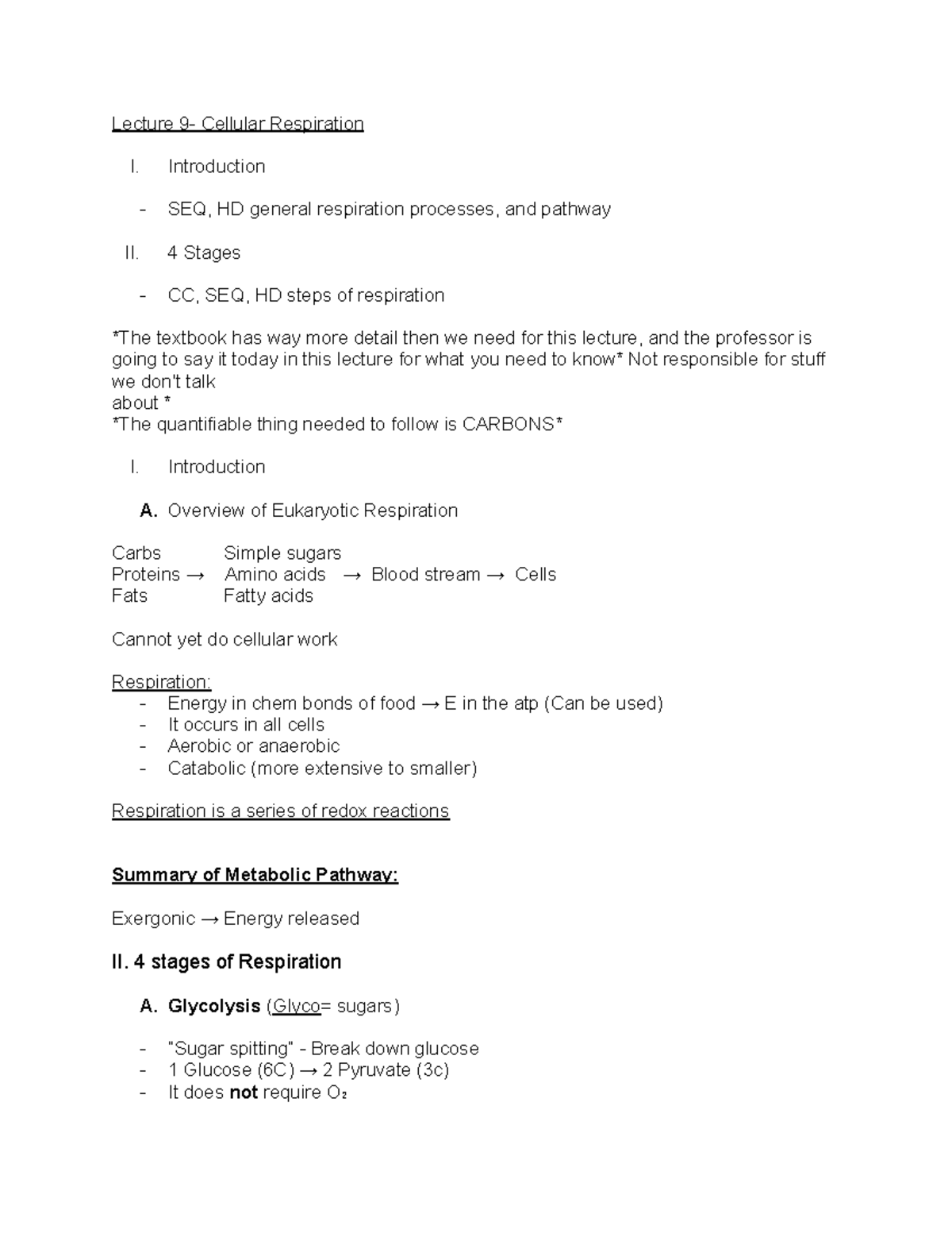 Copy of Lecture 9 10 - notes - Lecture 9- Cellular Respiration I ...