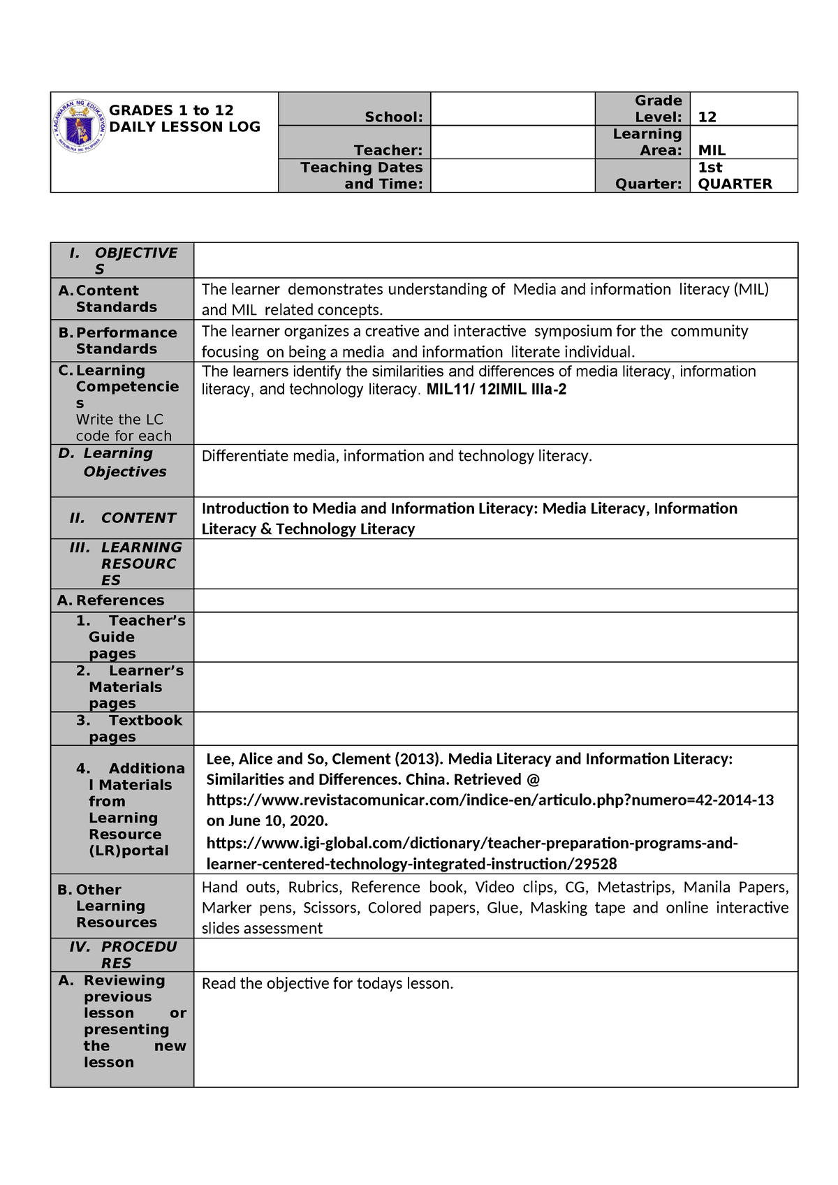 Q1 dll day 3 MIL 12 - MIL - GRADES 1 to 12 DAILY LESSON LOG School ...