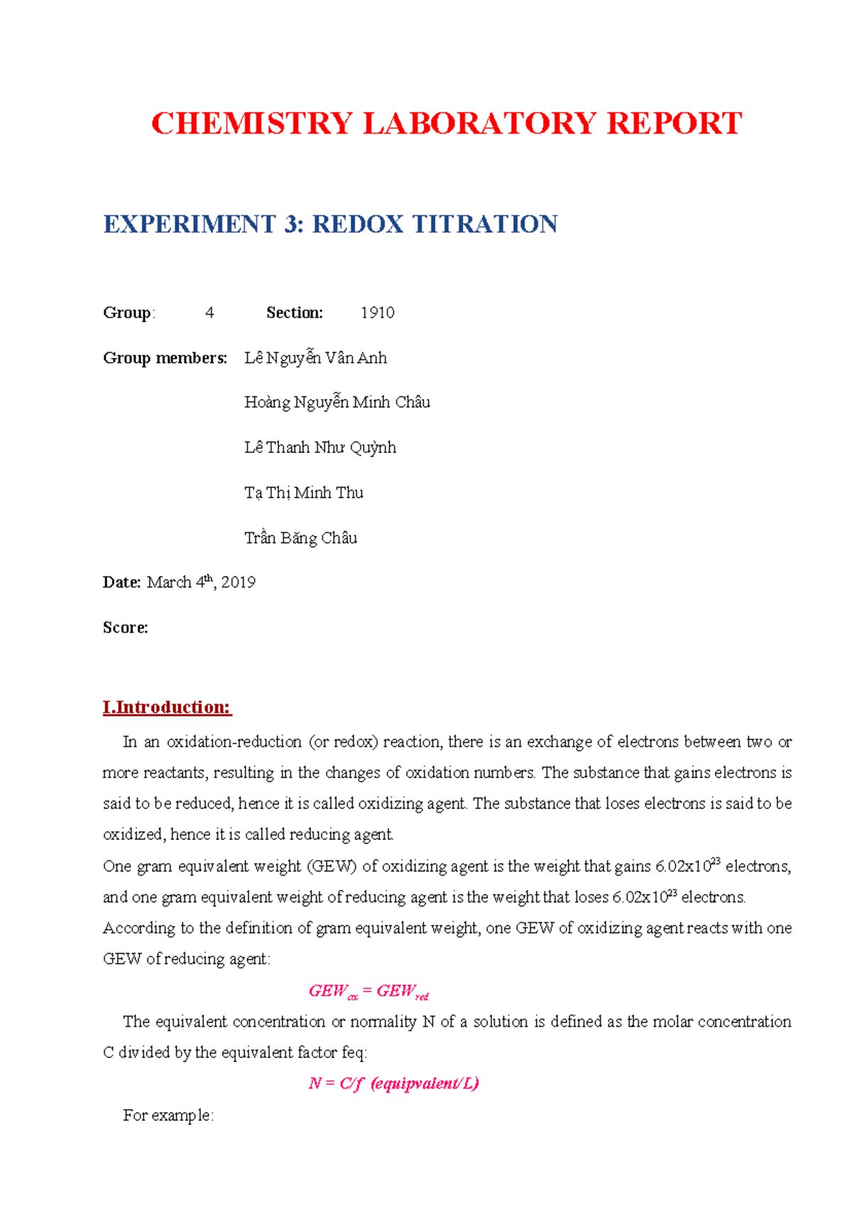 Chemistry Laboratory Report 3 CHEMISTRY LABORATORY REPORT EXPERIMENT
