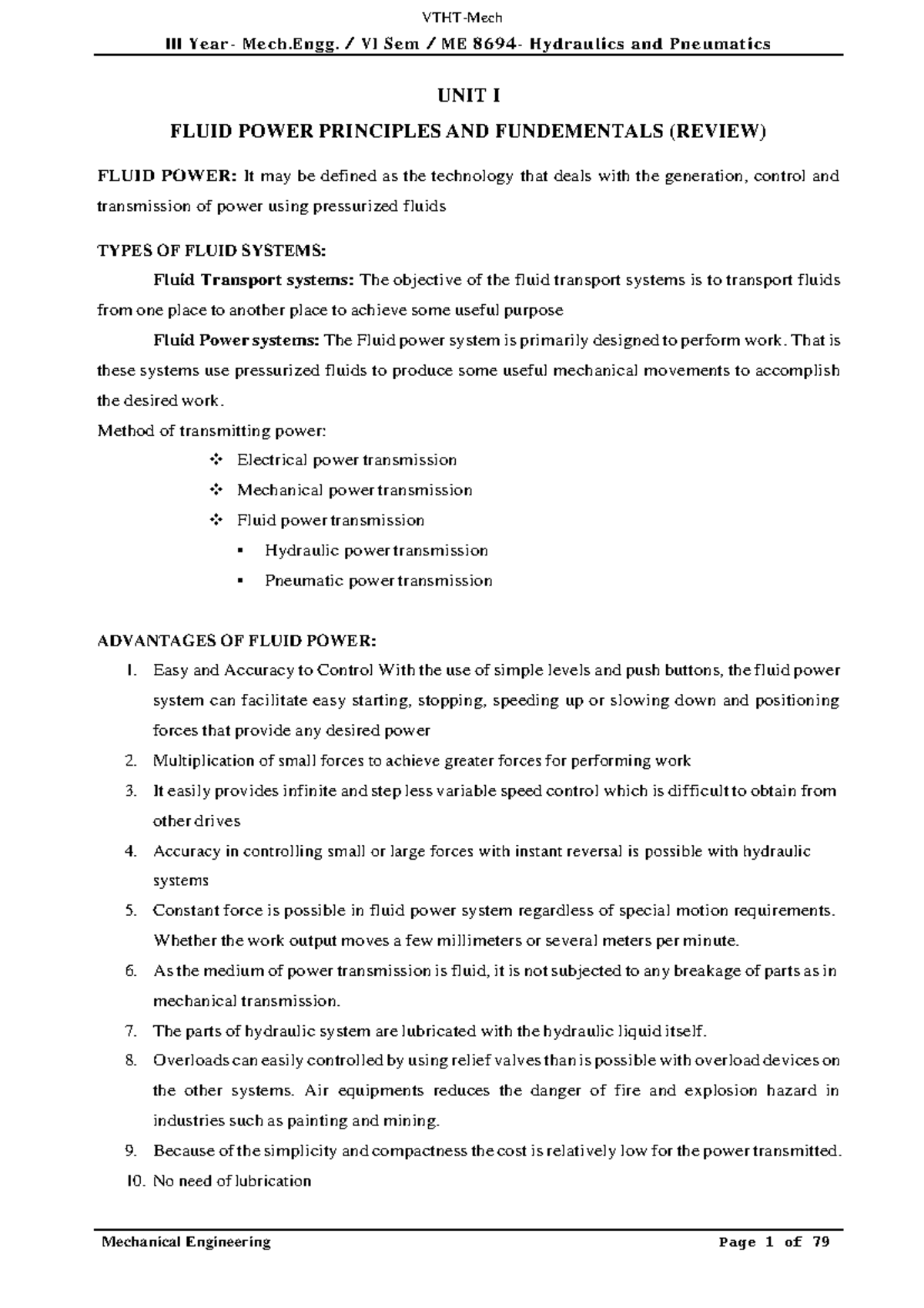 ME8694 Hydraulics and Pneumatics III Year Mech. / VI Sem / ME 8694
