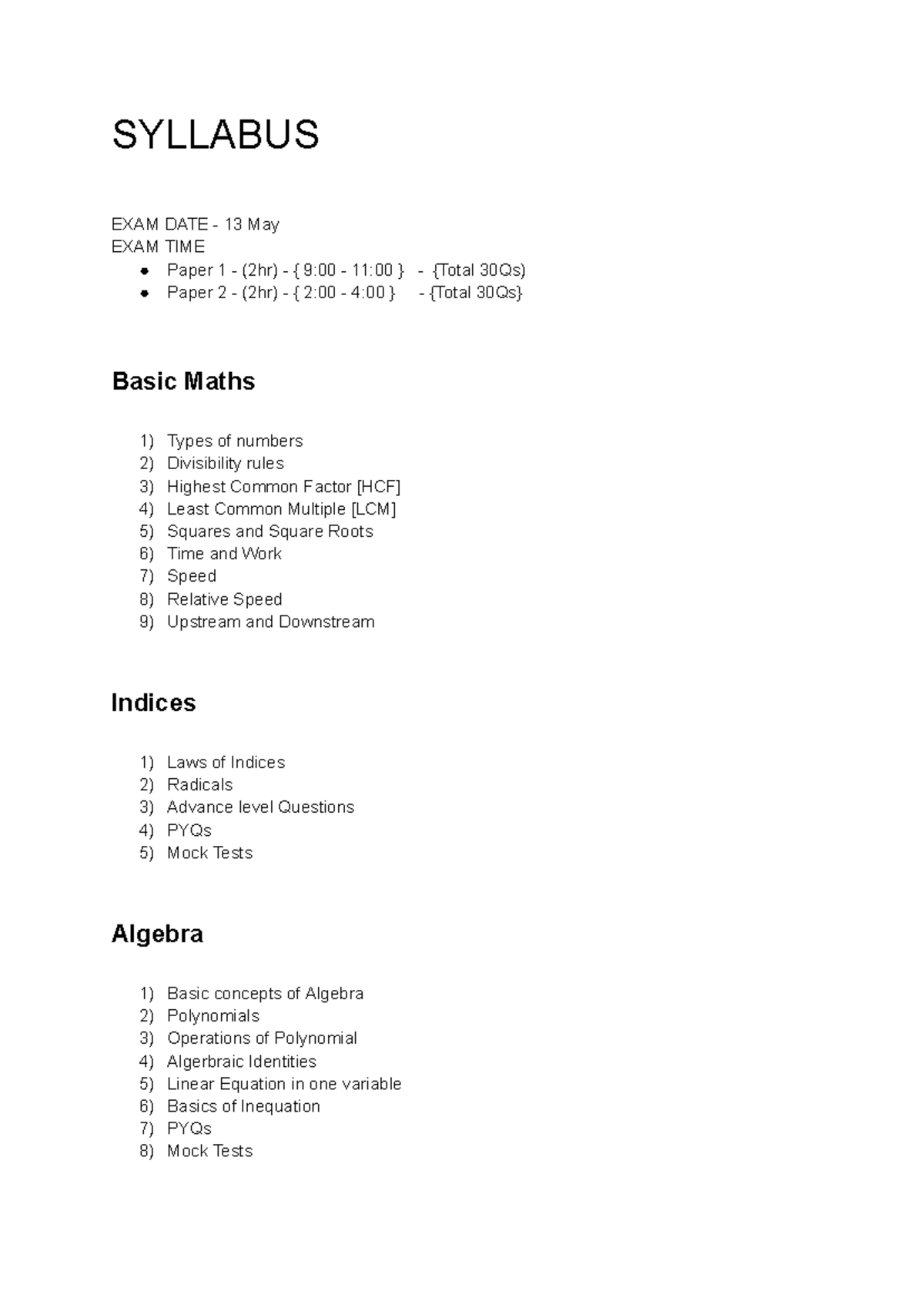 Syllabus - SYLLABUS EXAM DATE - 13 May EXAM TIME Paper 1 - (2hr) - { 9: ...