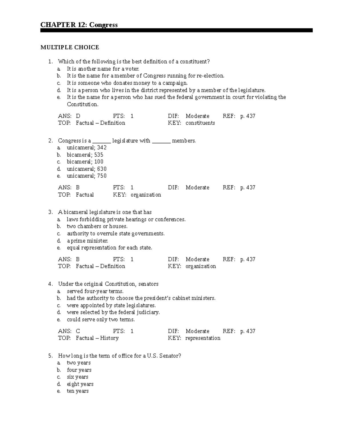 Govt Exam 2 Review - CHAPTER 12: Congress MULTIPLE CHOICE Which Of The ...