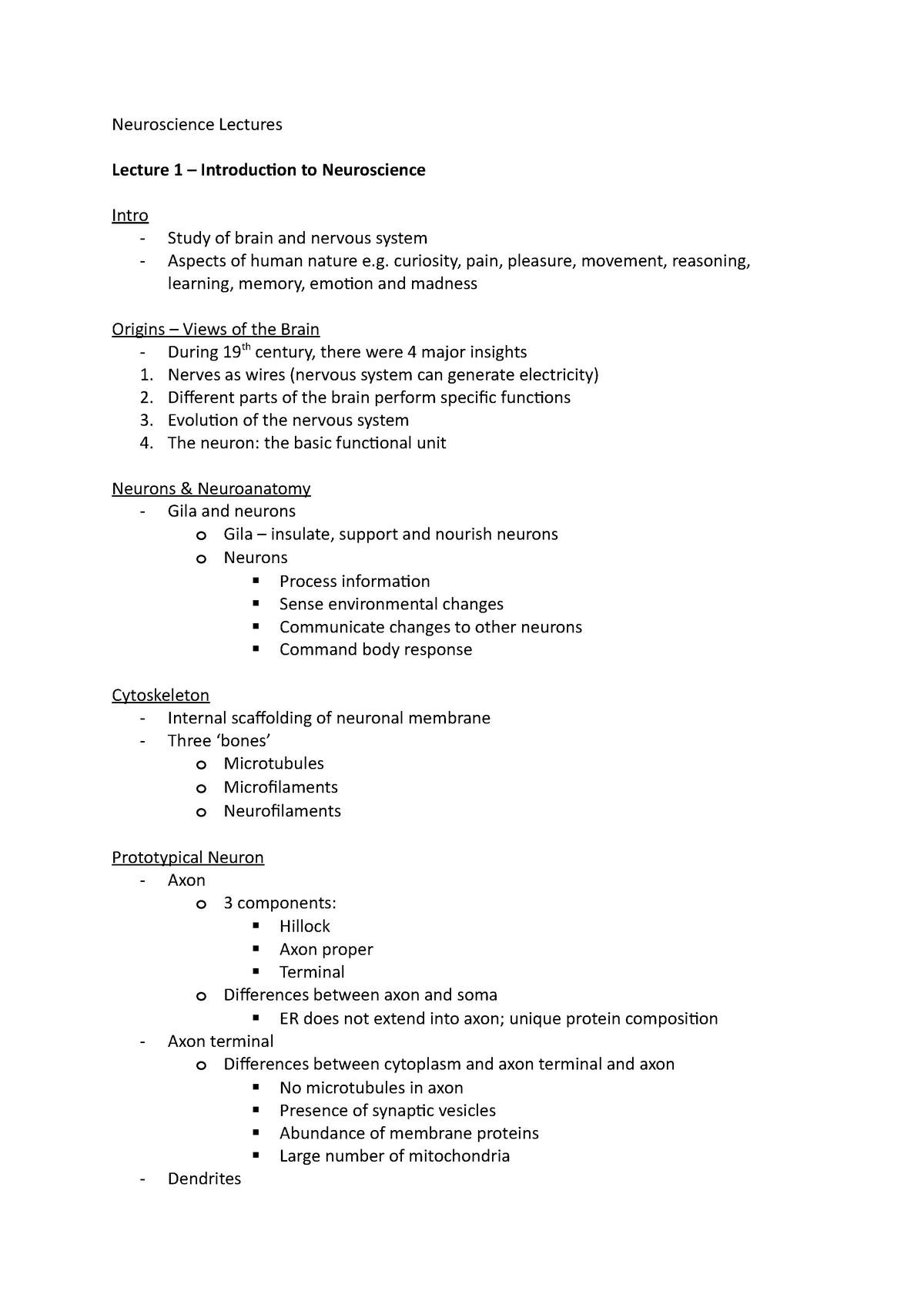 Neuroscience Lecture Notes - Neuroscience Lectures Lecture 1 ...