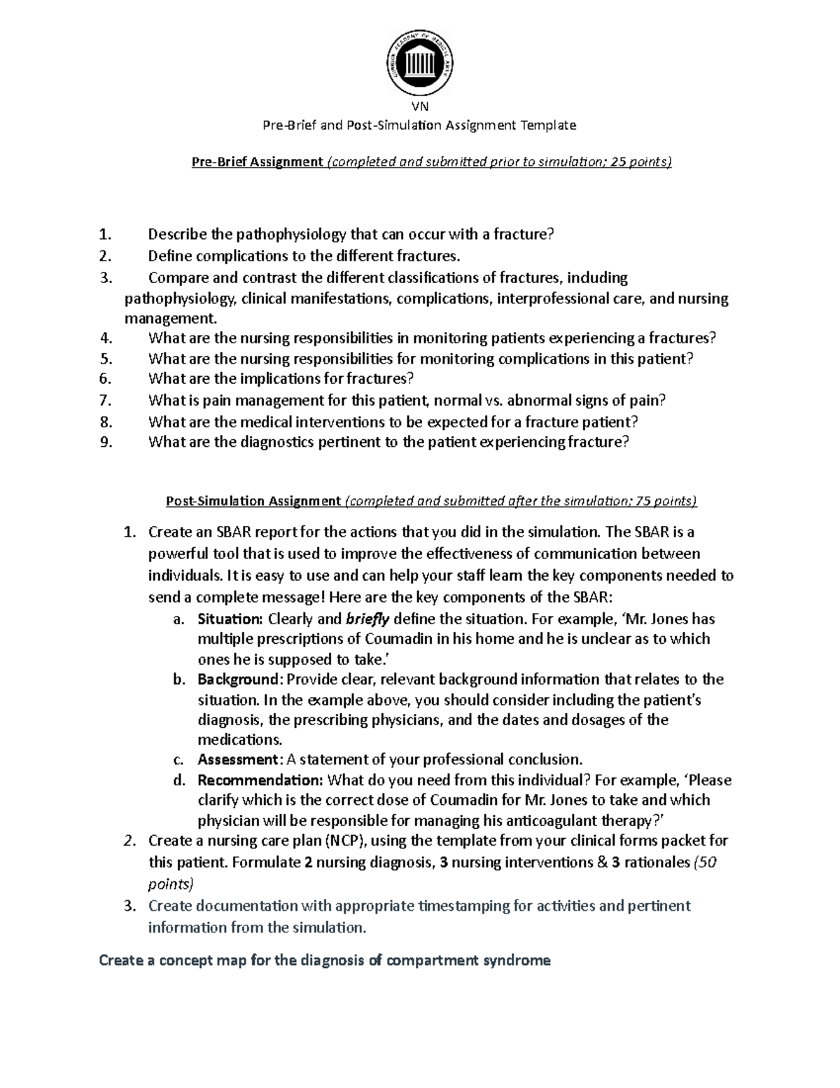 PreBrief and PostSimulation Assignment fracture VN PreBrief and