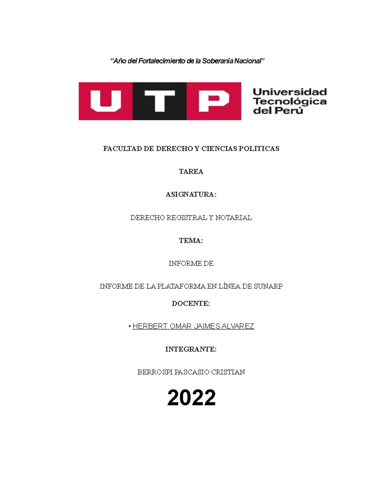 Informe DE LA Plataforma EN Línea DE Sunarp - “Año Del Fortalecimiento ...