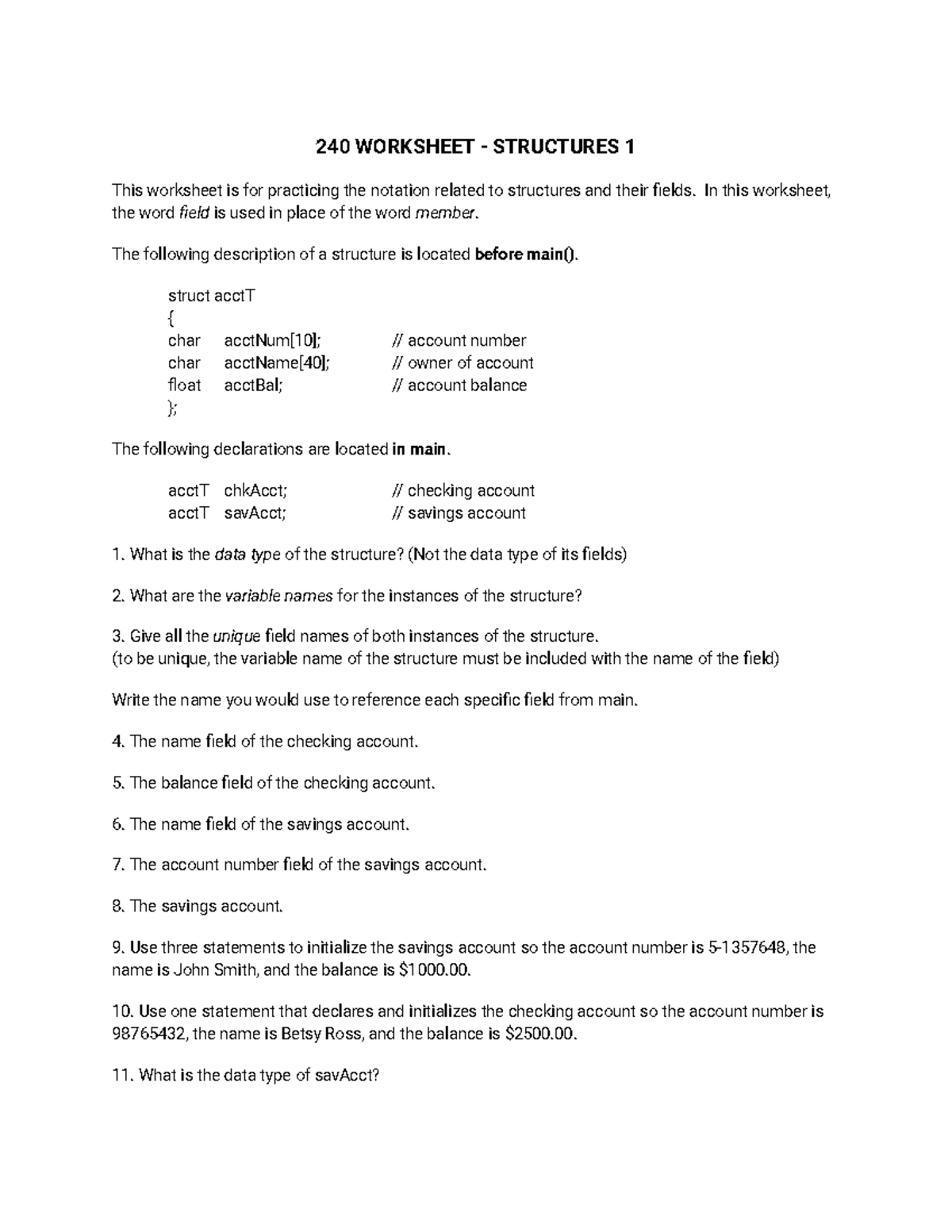 String Functions Worksheet 2 - 240 WORKSHEET - STRUCTURES 1 This ...