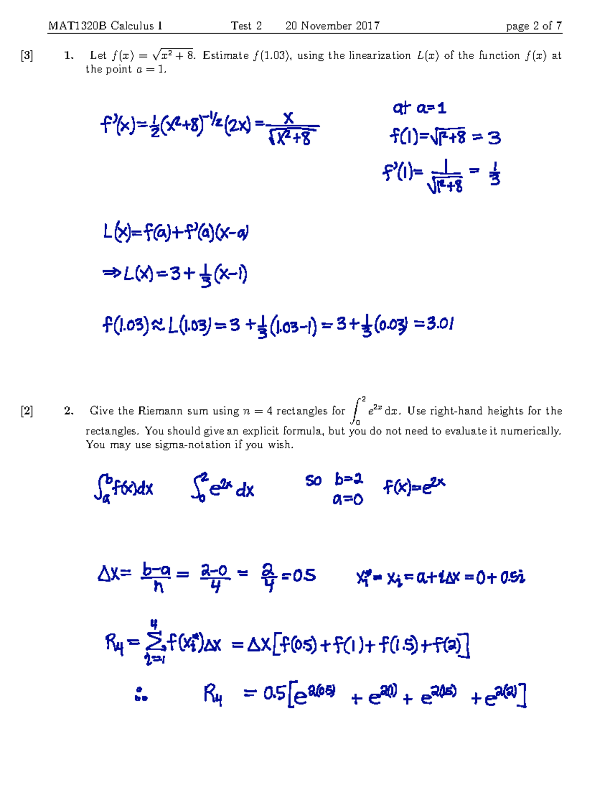 Test 2 Mat 1320 Nov - Practice Test - Letf(x)= √ X 2 [3] +8. Estimatef ...