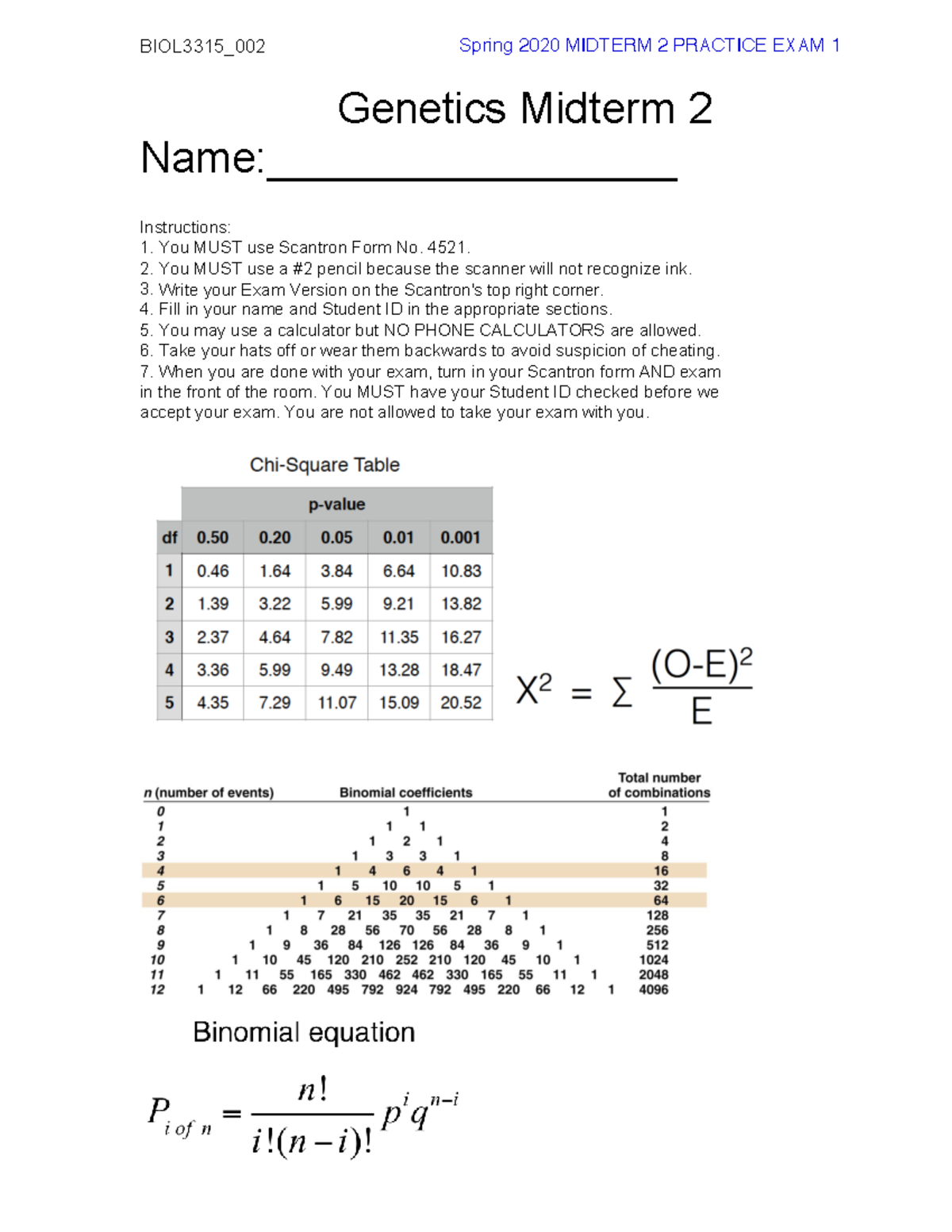 Midterm 2 Practice Exam 1- Ch - BIOL3315_00 2 Genetics Midterm 2 Name