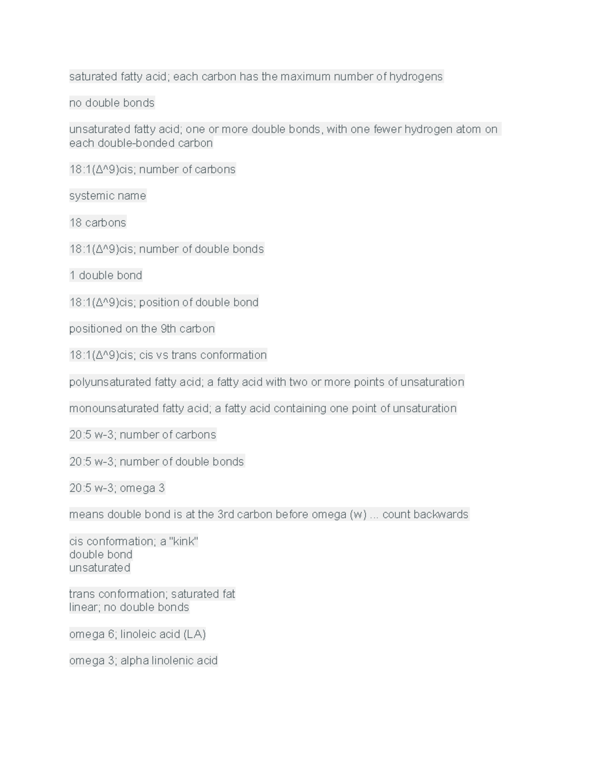BIOC263 Exam 1 fatty acid nomenclature, oxidation, omega 6 and omega 3