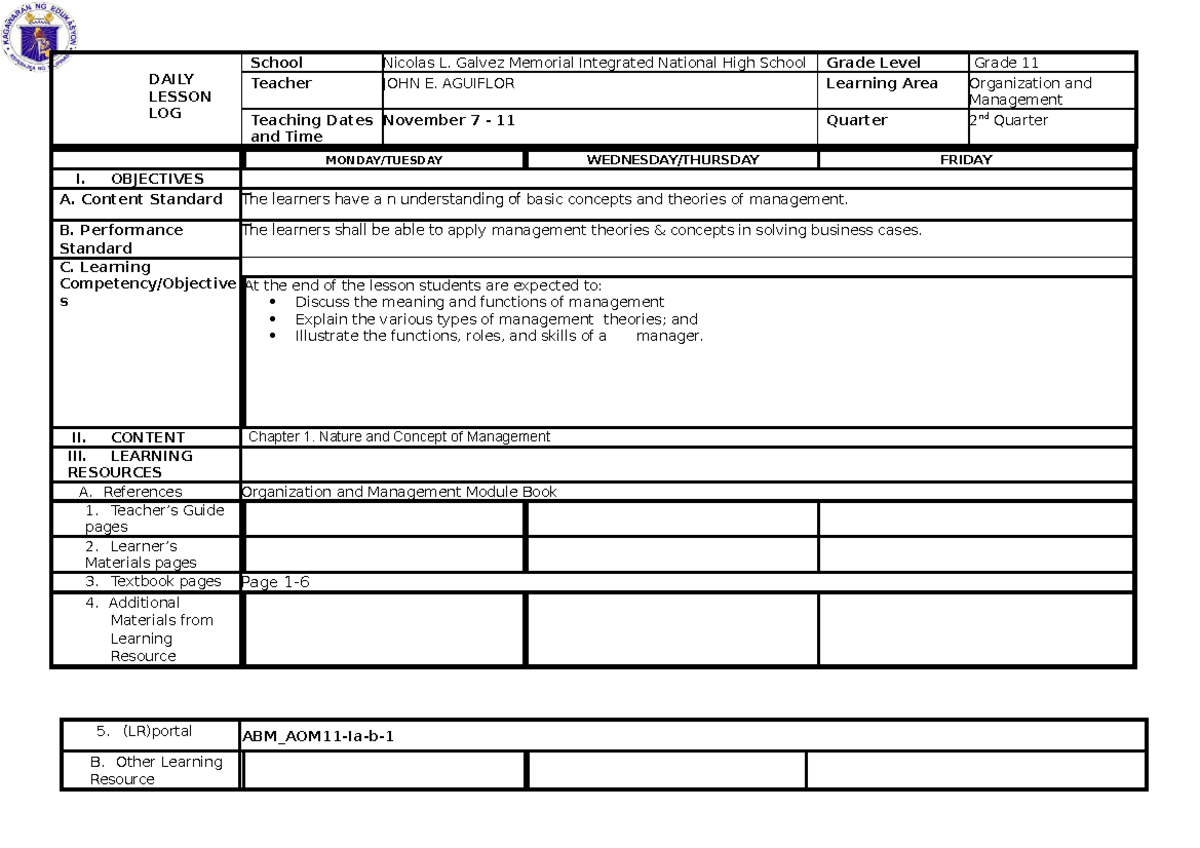 DLL-WEEK-1 - DAILY LESSON LOG-Q2 - DAILY LESSON LOG School Nicolas L ...