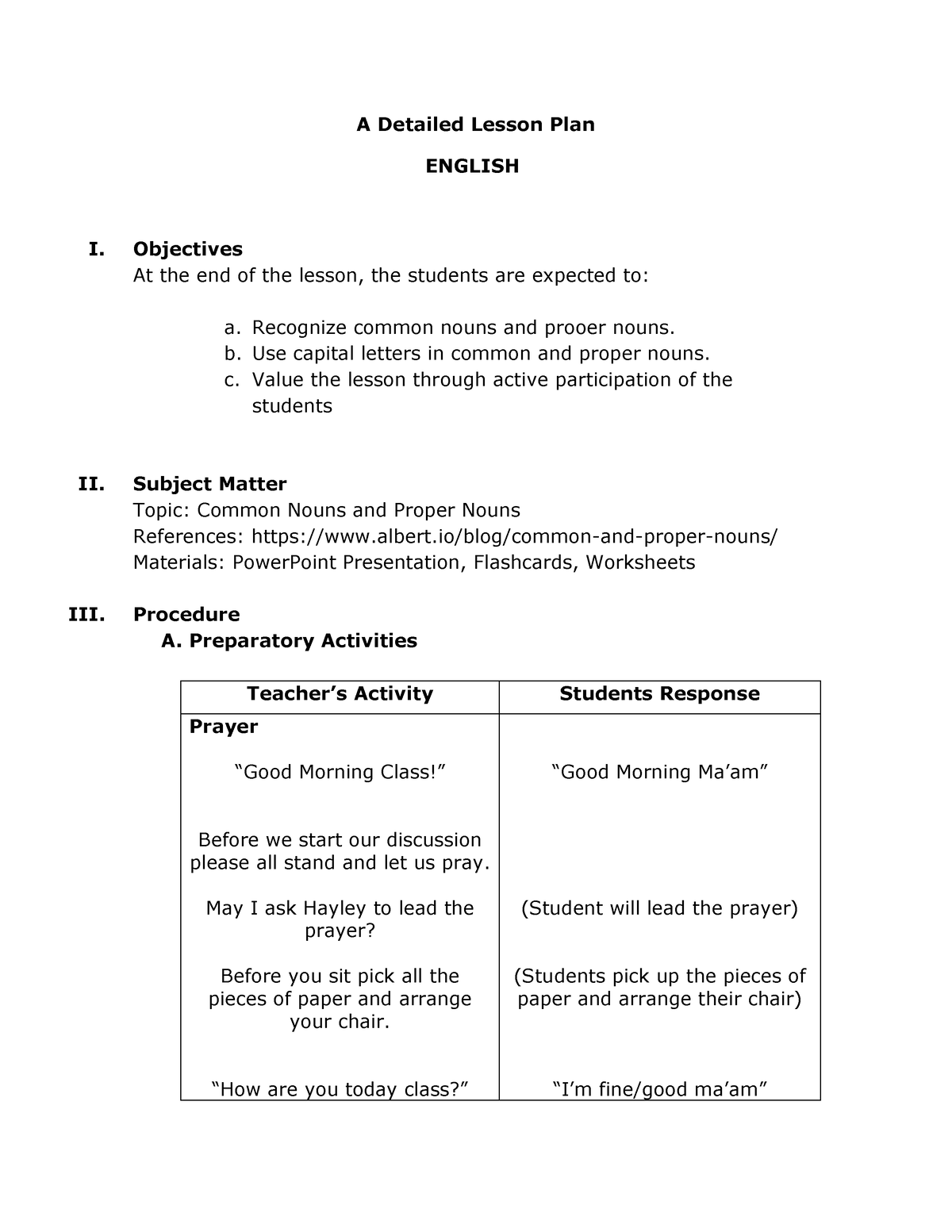 Detailed Lesson Plan In Nouns