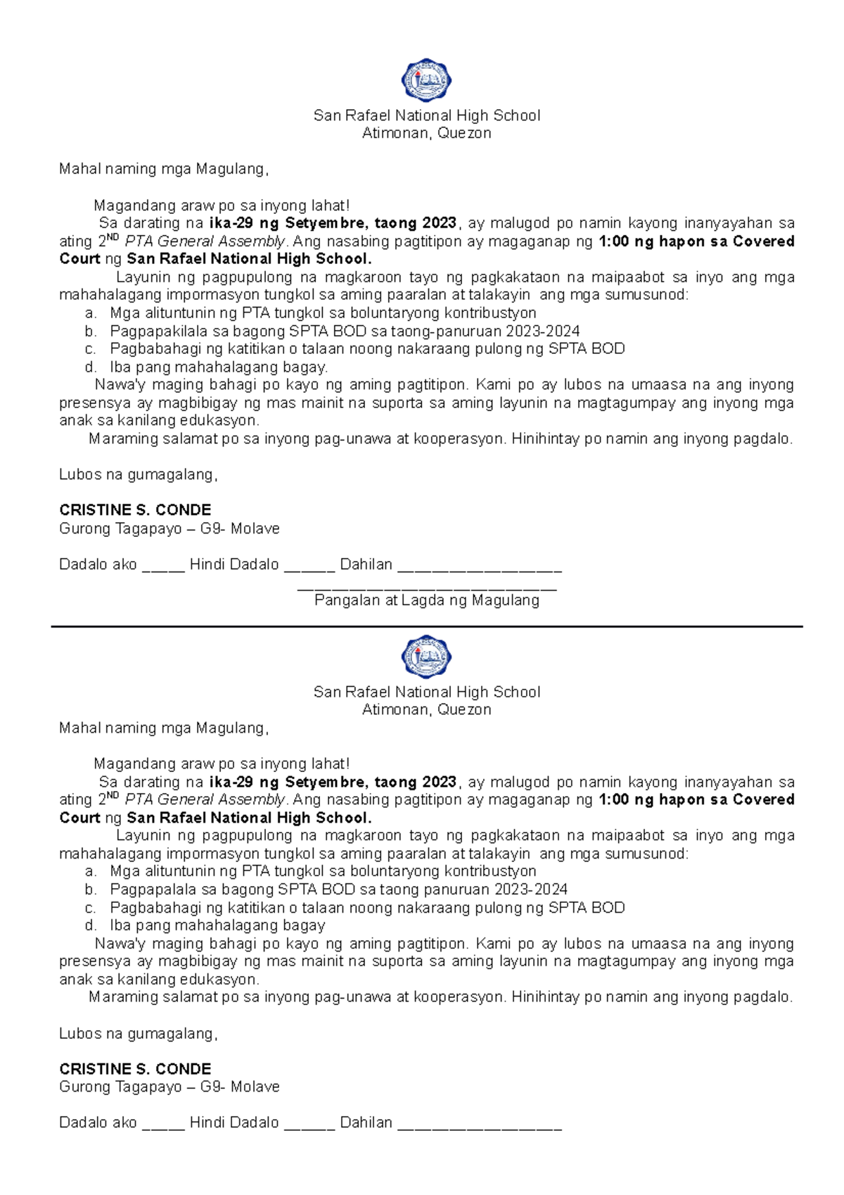Letter-Parents-Meeting - San Rafael National High School Atimonan ...