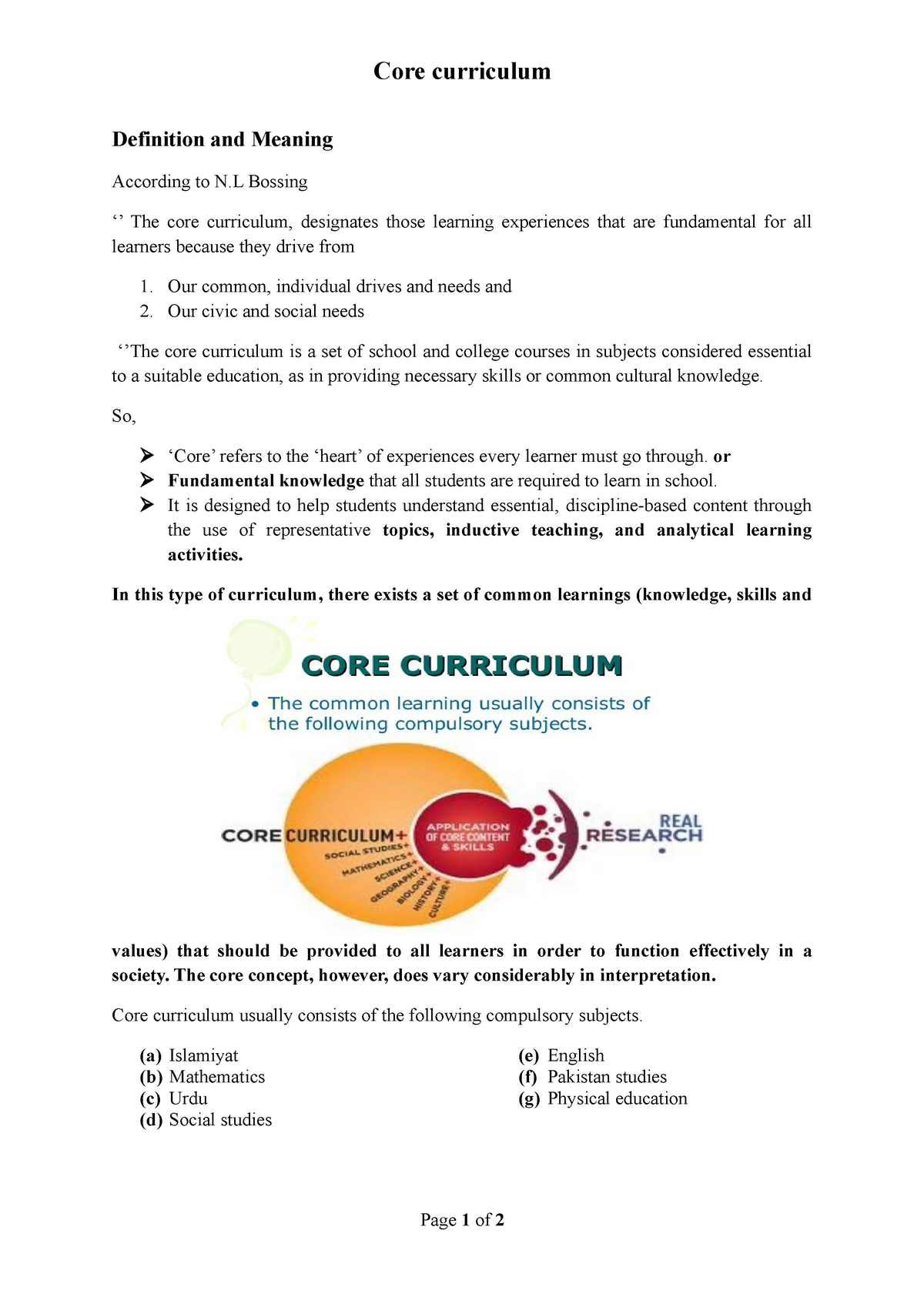 Core Curriculum Lecture Notes 1 Core Curriculum Definition And 