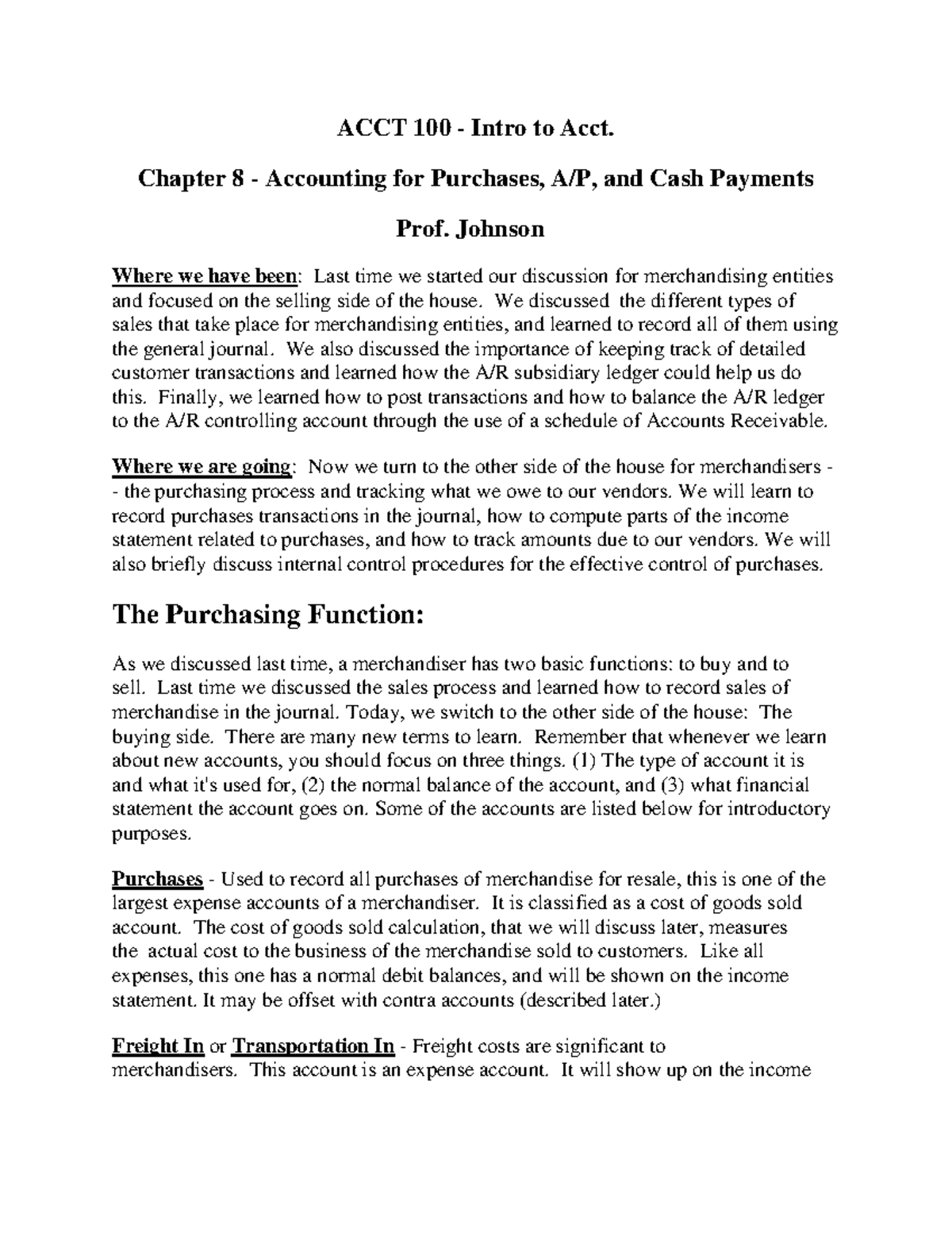 ACCT 100 Chapter 8 Handout - ACCT 100 - Intro to Acct. Chapter 8 ...
