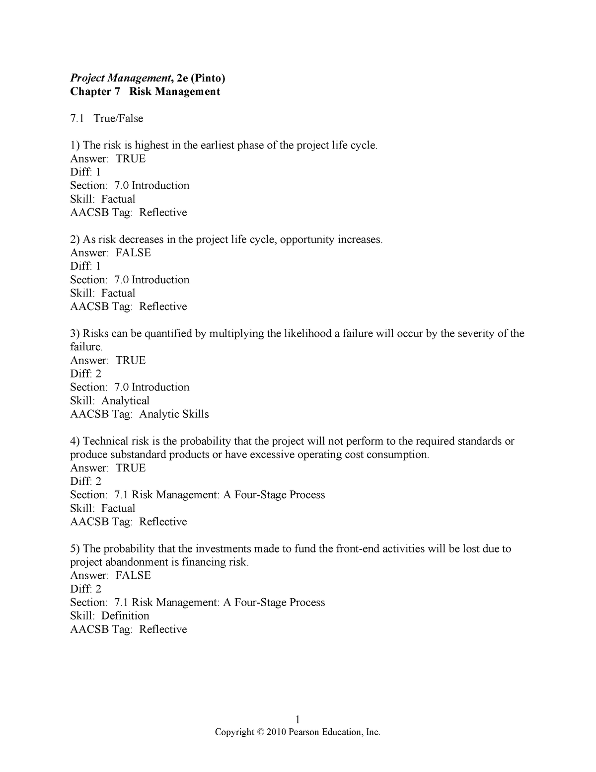 CH 7 TB - Test Bank - 1 Project Management, 2e (Pinto) Chapter 7 Risk ...