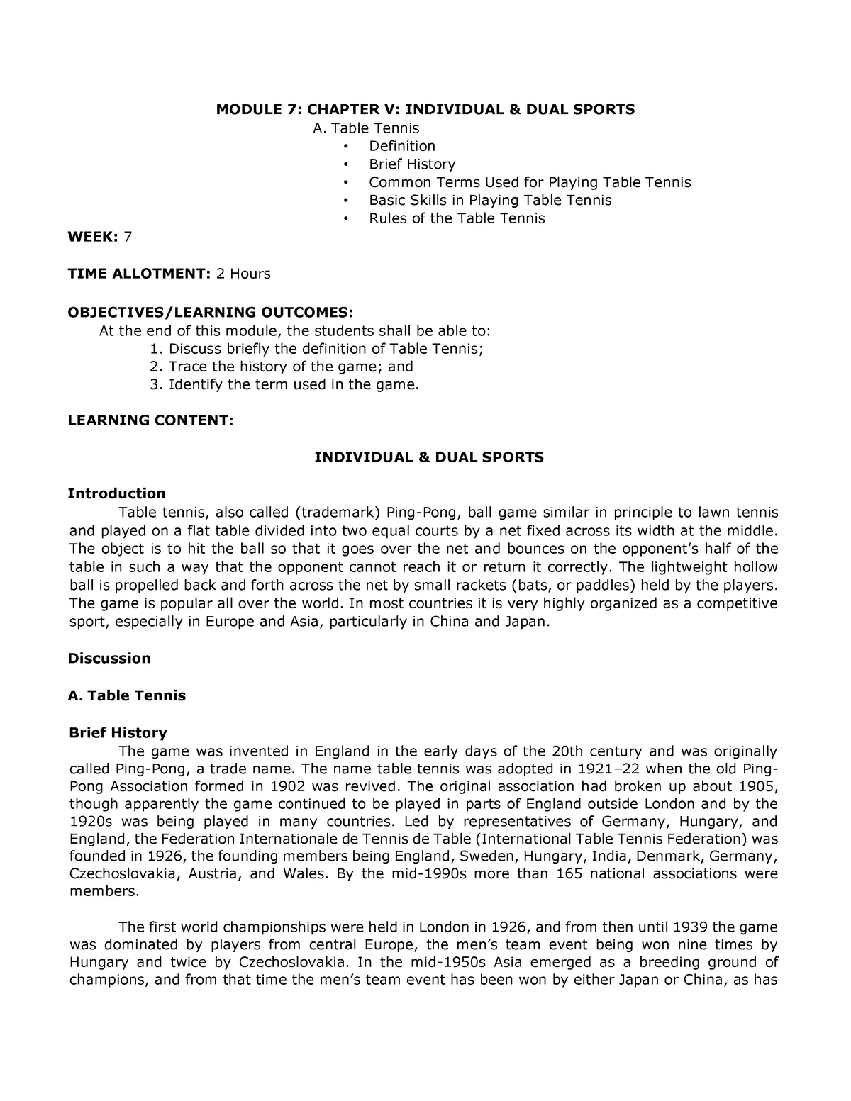 PE003 Midterm Module - MODULE 7: CHAPTER V: INDIVIDUAL & DUAL SPORTS A ...