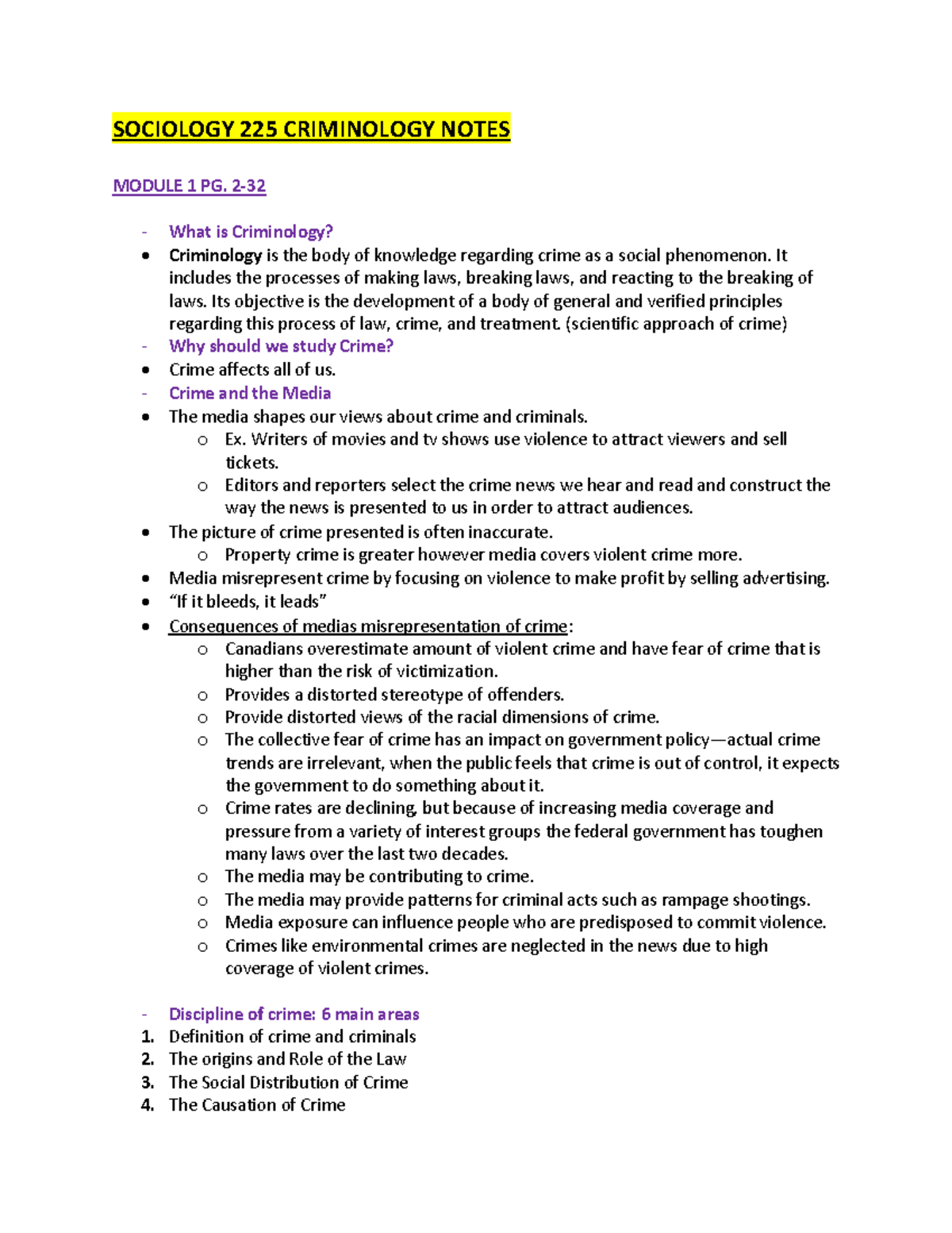 Criminology Notes - SOCIOLOGY 225 CRIMINOLOGY NOTES MODULE 1 PG. 2 ...