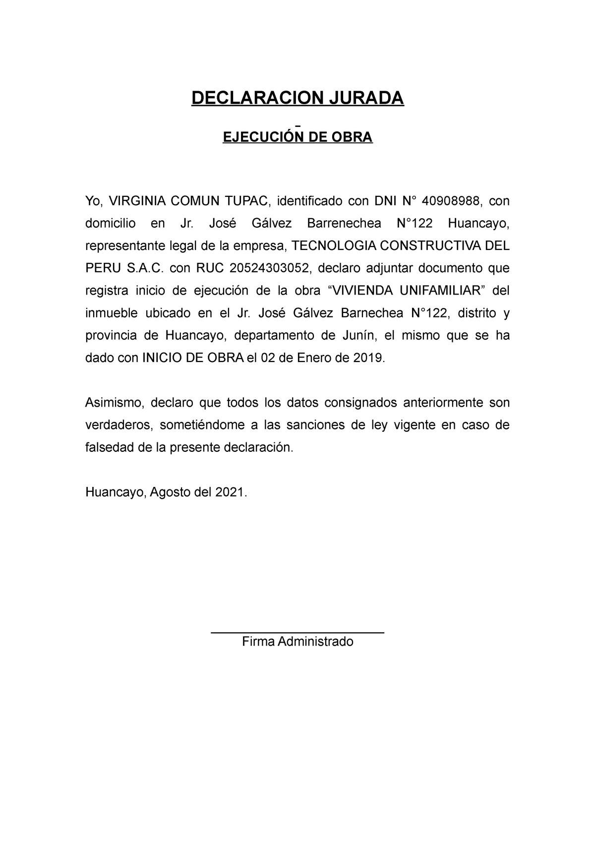 DJ Ejecución DE OBRA - Ejemplo De Declaración Jurada De Inicio De Obra ...