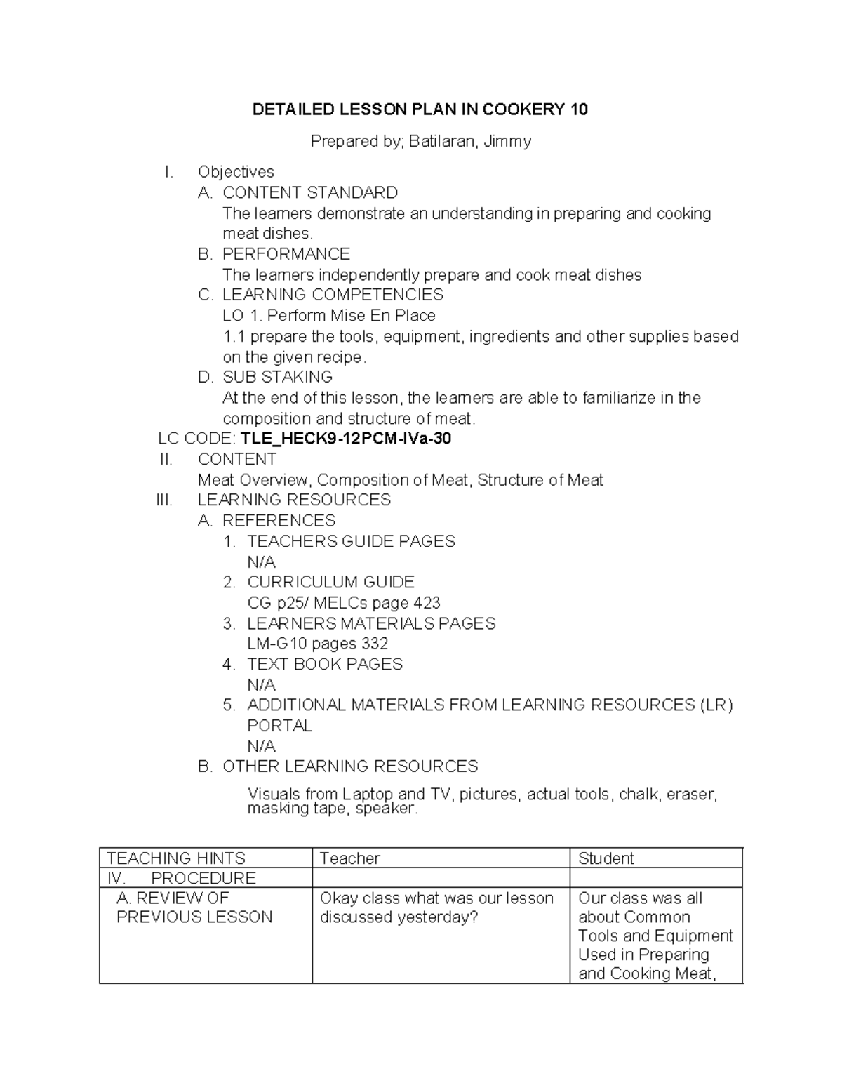 Lesson Plan Cookery 10 Weds Thurs Detailed Lesson Plan In Cookery 10 Prepared By Batilaran 3728