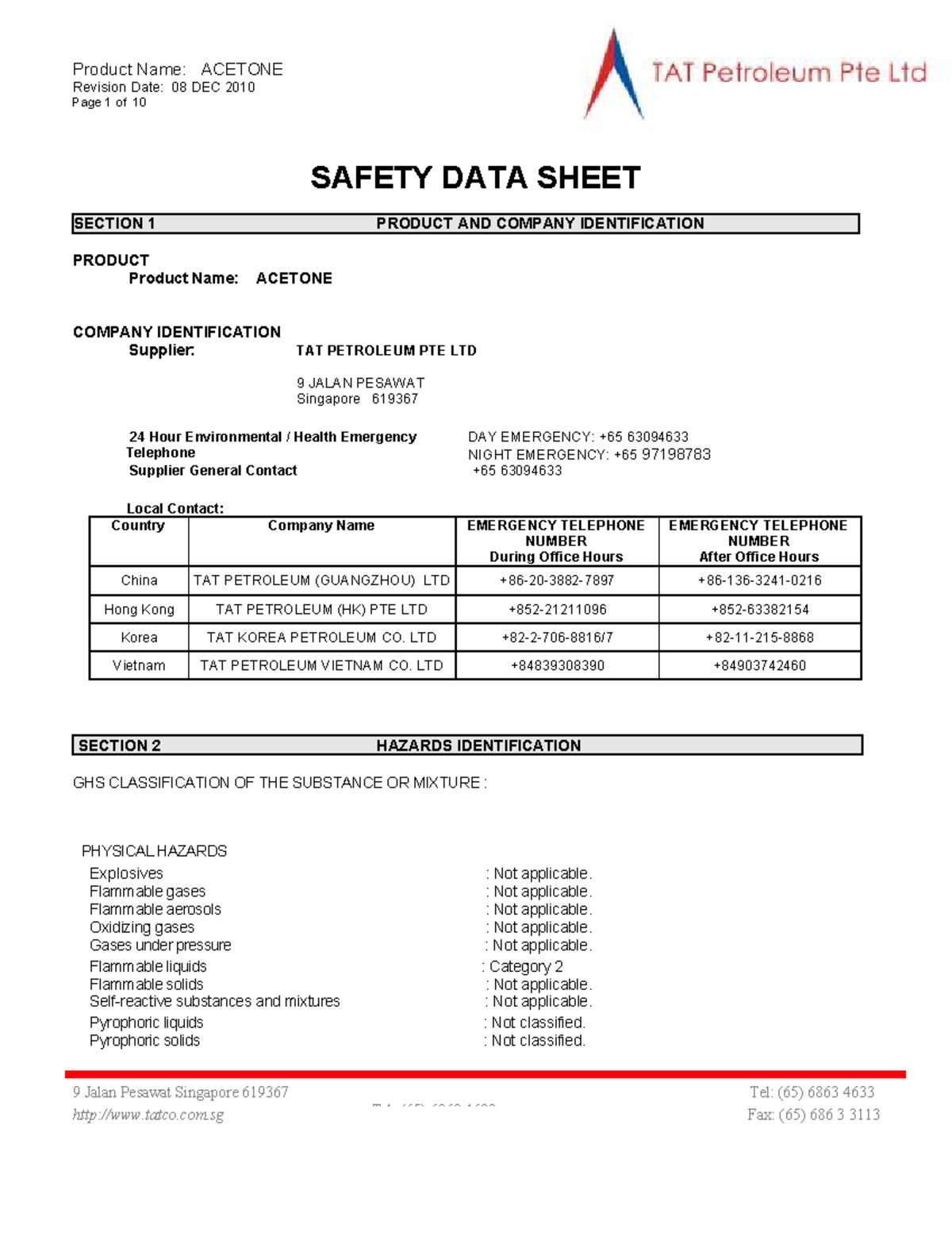 Acetone SDS Revision Date 08 DEC 2010 Page 1 of 10 9 Jalan Pesawat