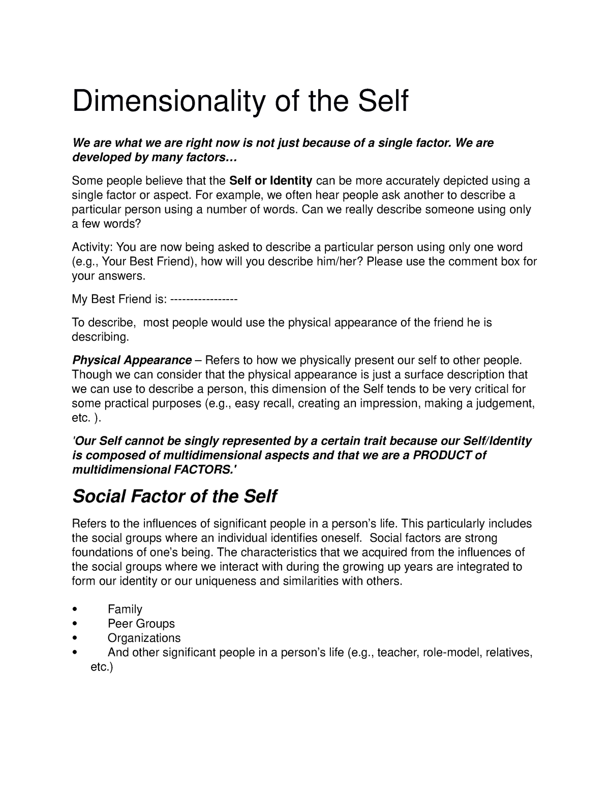 dimensionalities of the self identity essay