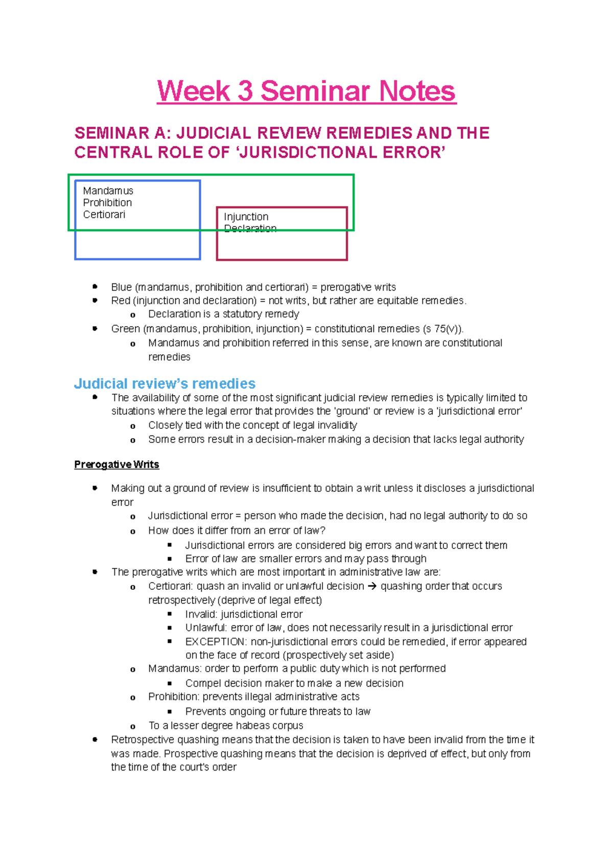 Week 3 Seminar - Week 3 Seminar Notes SEMINAR A: JUDICIAL REVIEW ...