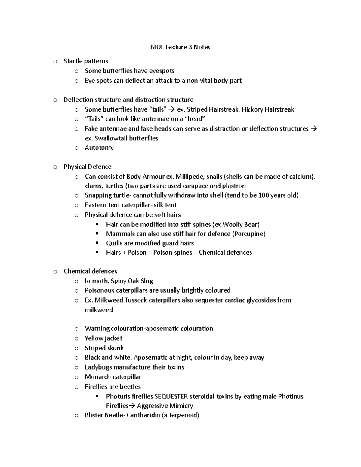 BIOL 1902 Lecture 3 Notes - BIOL Lecture 3 Notes o Startle patterns o ...