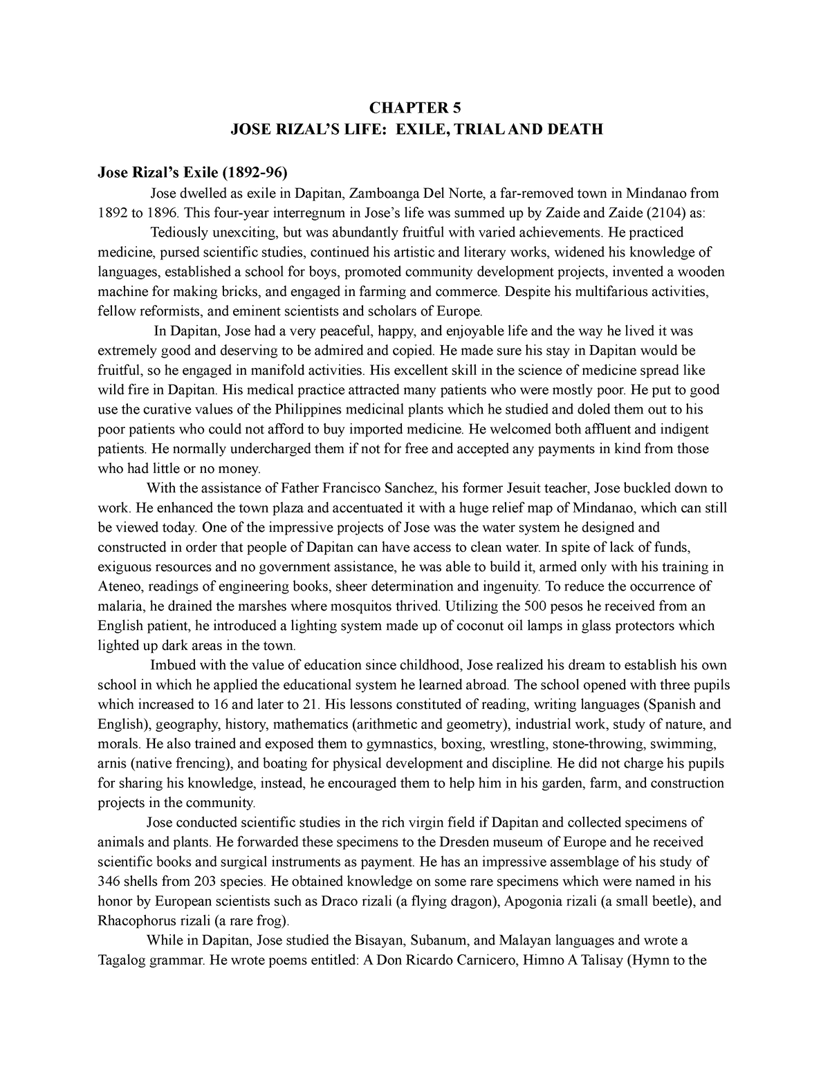 RL Handout - CHAPTER 5 JOSE RIZAL’S LIFE: EXILE, TRIAL AND DEATH Jose ...